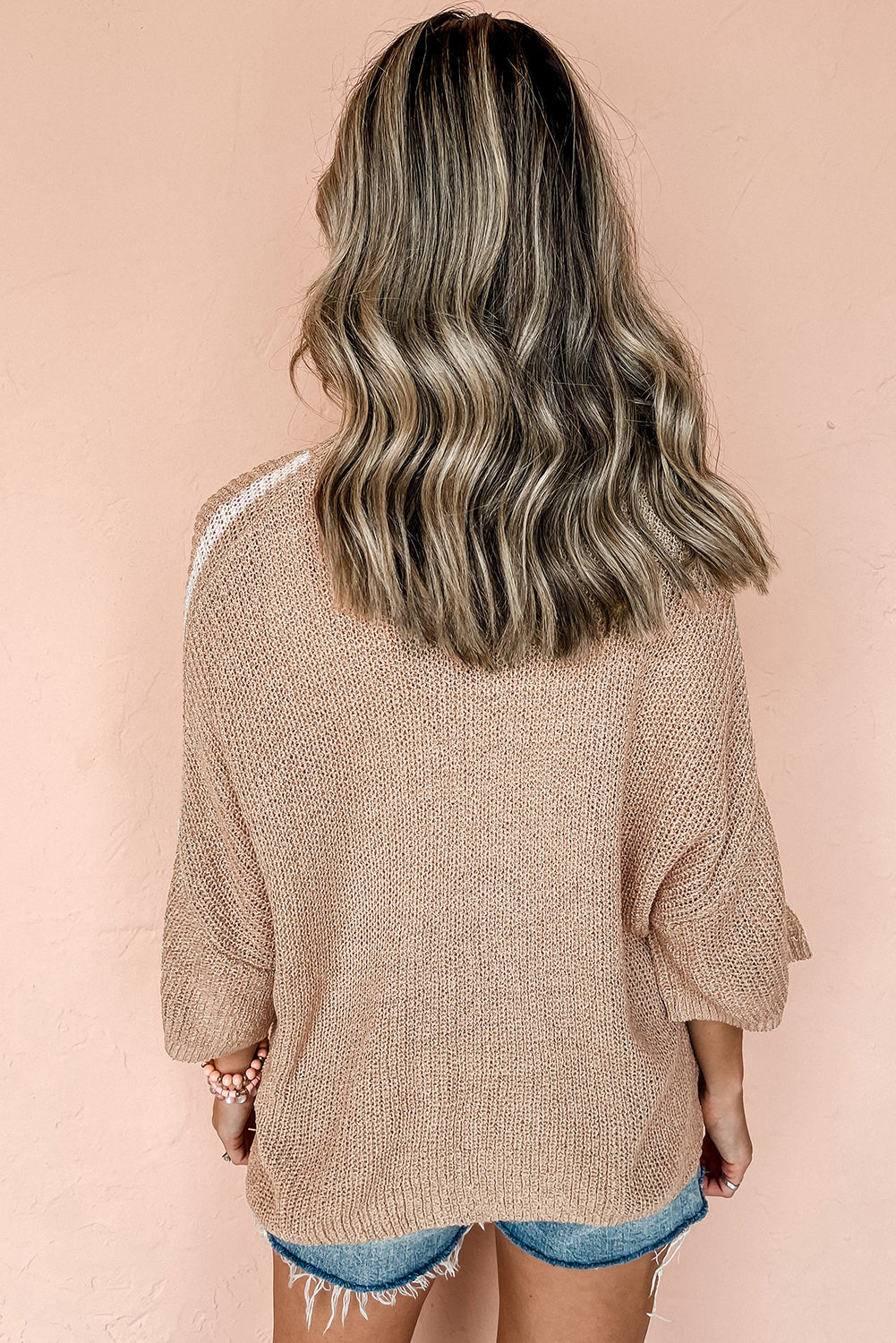 Light French Beige Contrast Striped 3/4 Sleeve Crew Neck Sweater Dear-Lover Dropshipping