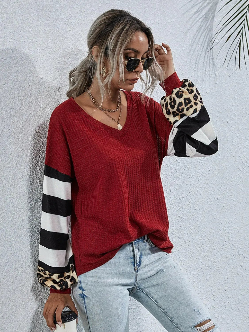 Leopard Striped Waffle-Knit Top.