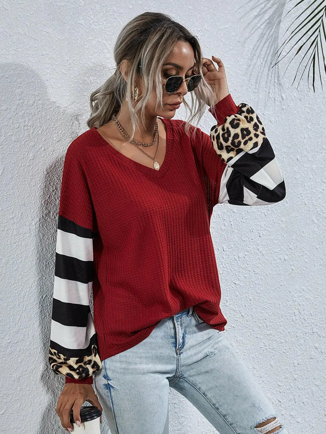 Leopard Striped Waffle-Knit Top.
