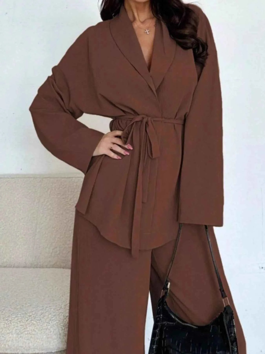 Front Tied Shirt and Wide-Leg Pants Set