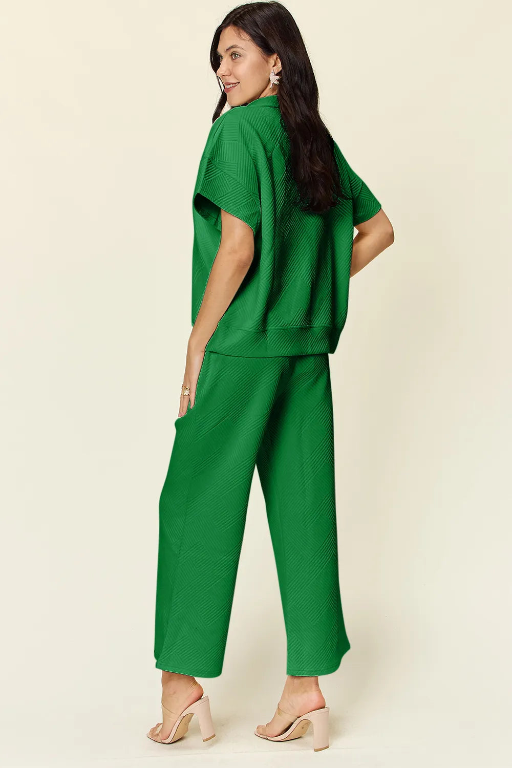 Double Take Full Size Texture Half Zip Short Sleeve Top and Pants Set - CHIC TB