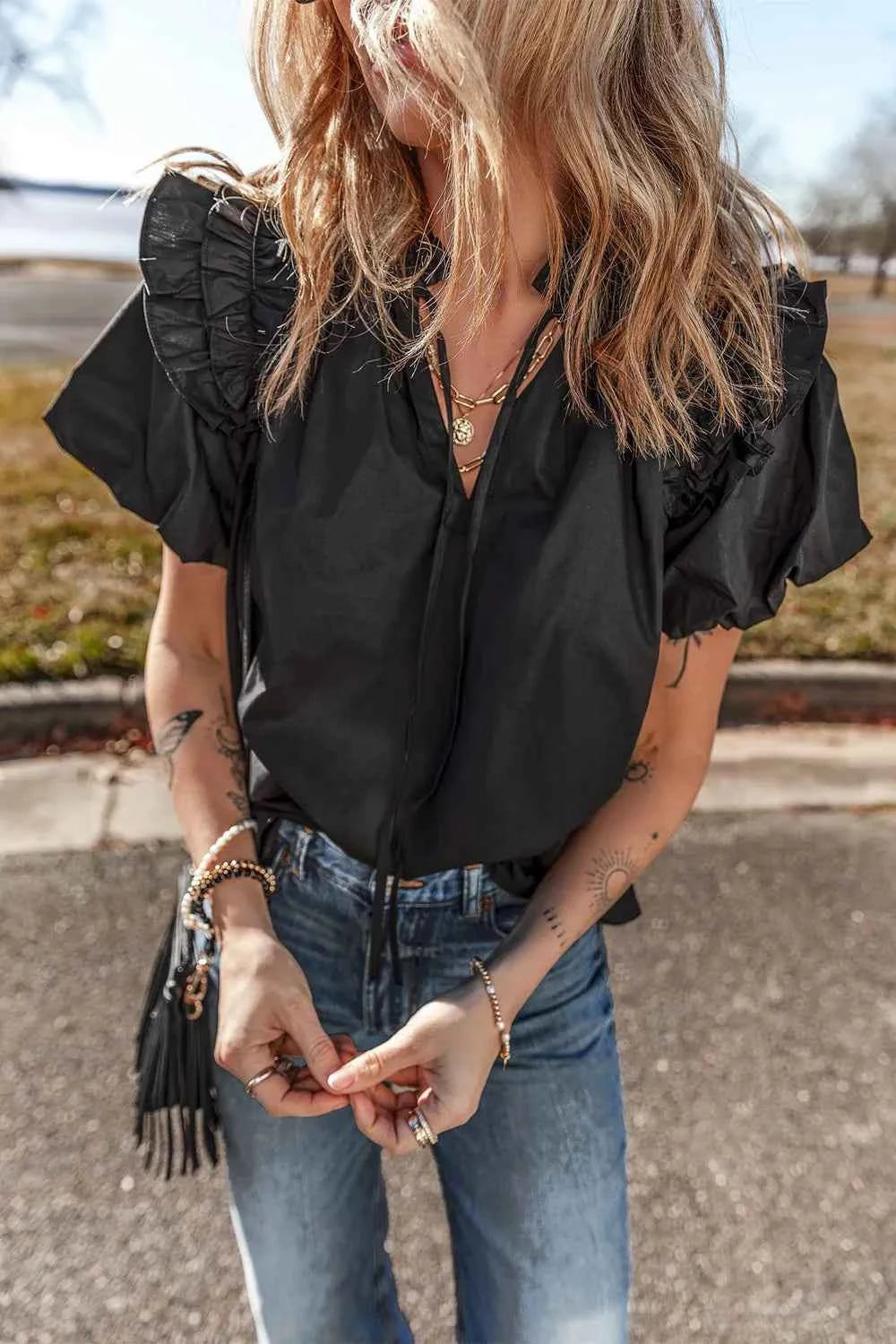 Ruffled Puff Short Sleeve Loose Blouse.