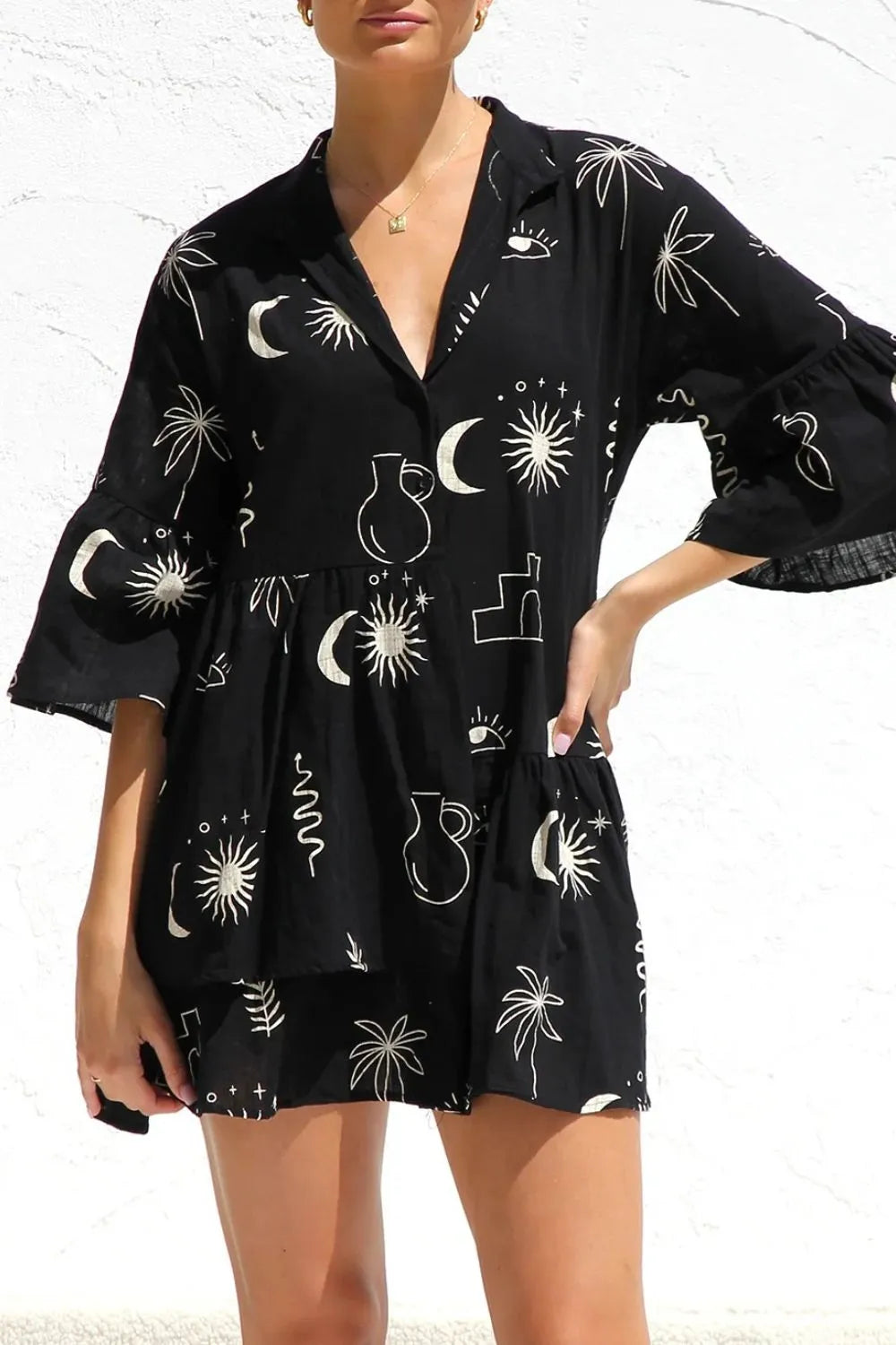 Ruched Printed Three-Quarter Sleeve Mini Dress.