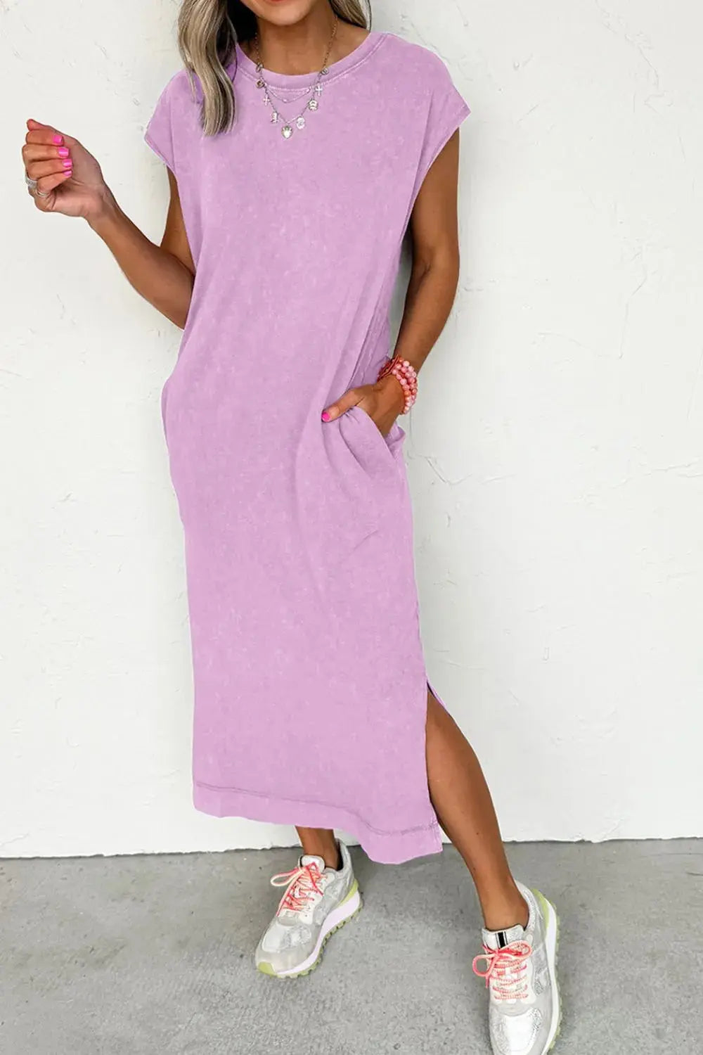 Side Split Round Neck Cap Sleeve T-Shirt Dress.