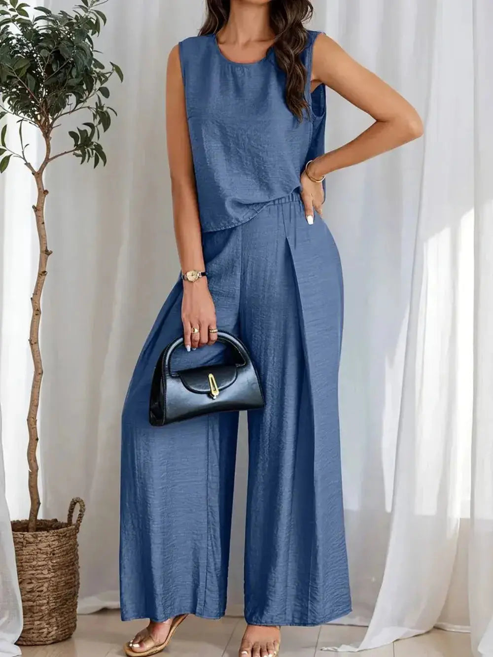 Round Neck Sleeveless Top and Wide Leg Pants Set.