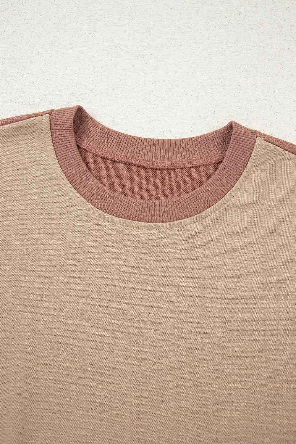 Khaki Color Block Long Sleeve Crop Top Drawstring Pant Set