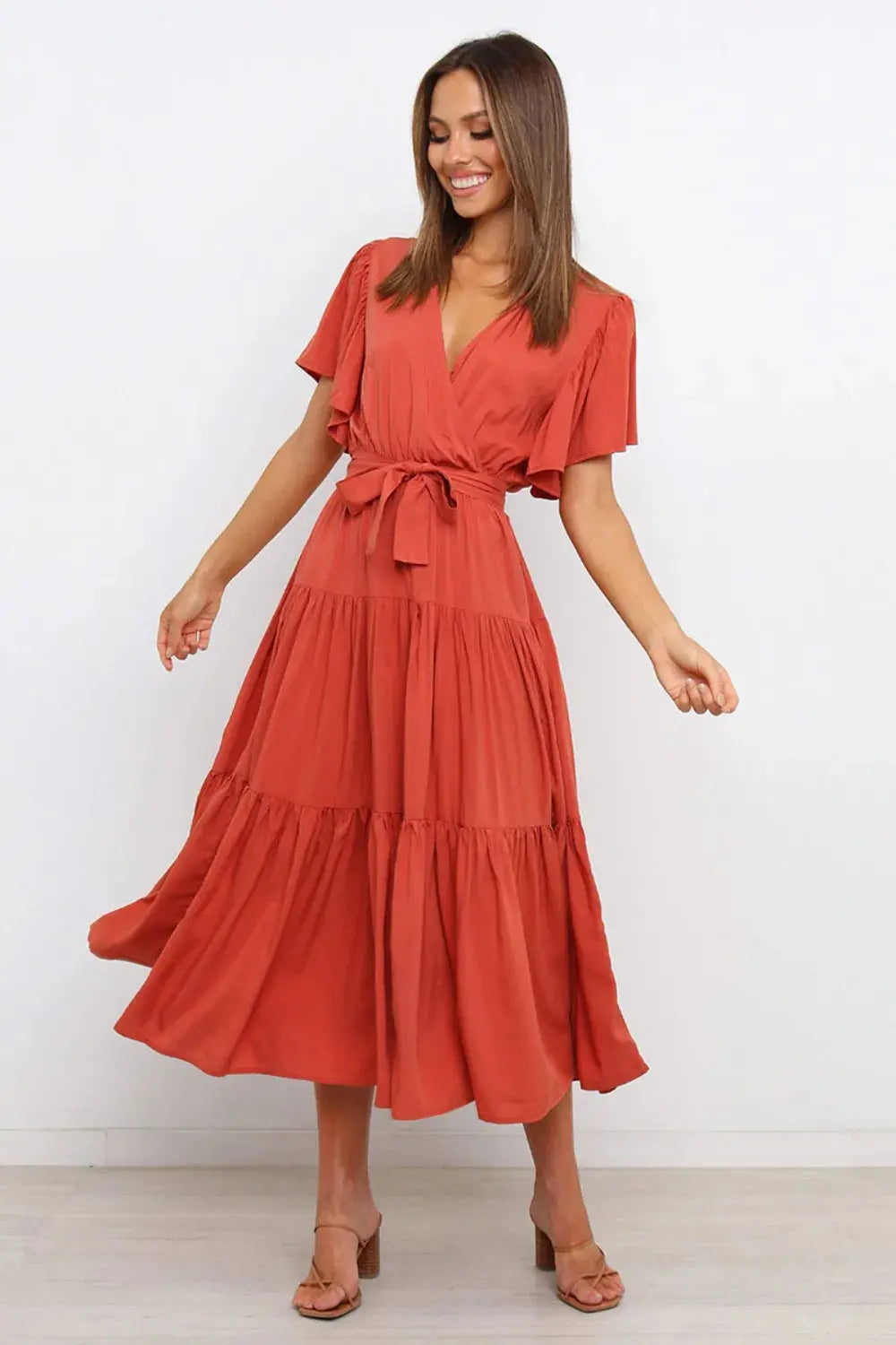 Tied Tiered Short Sleeve Midi Dress.