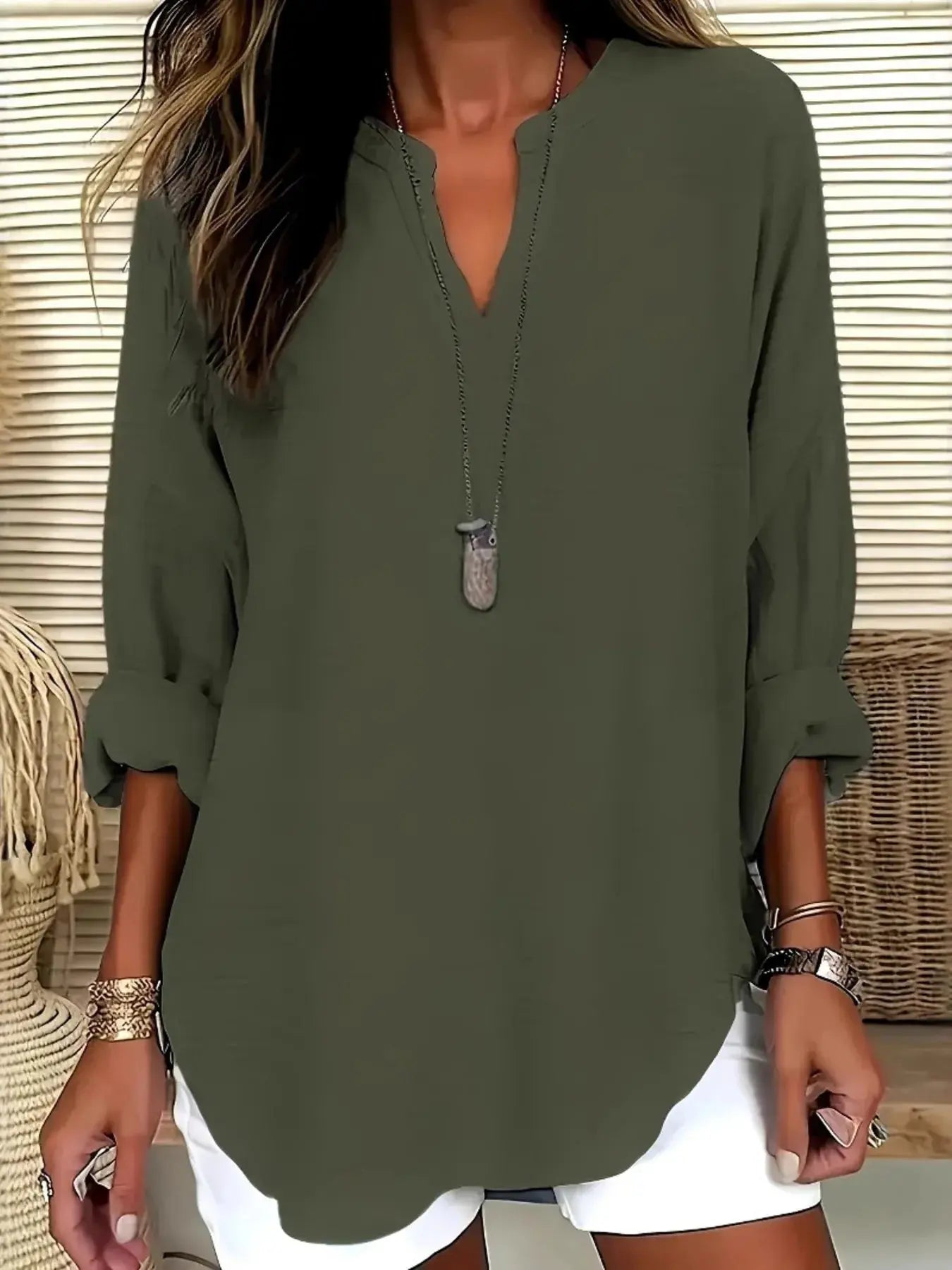 Notched Long Sleeve Casual Blouse.