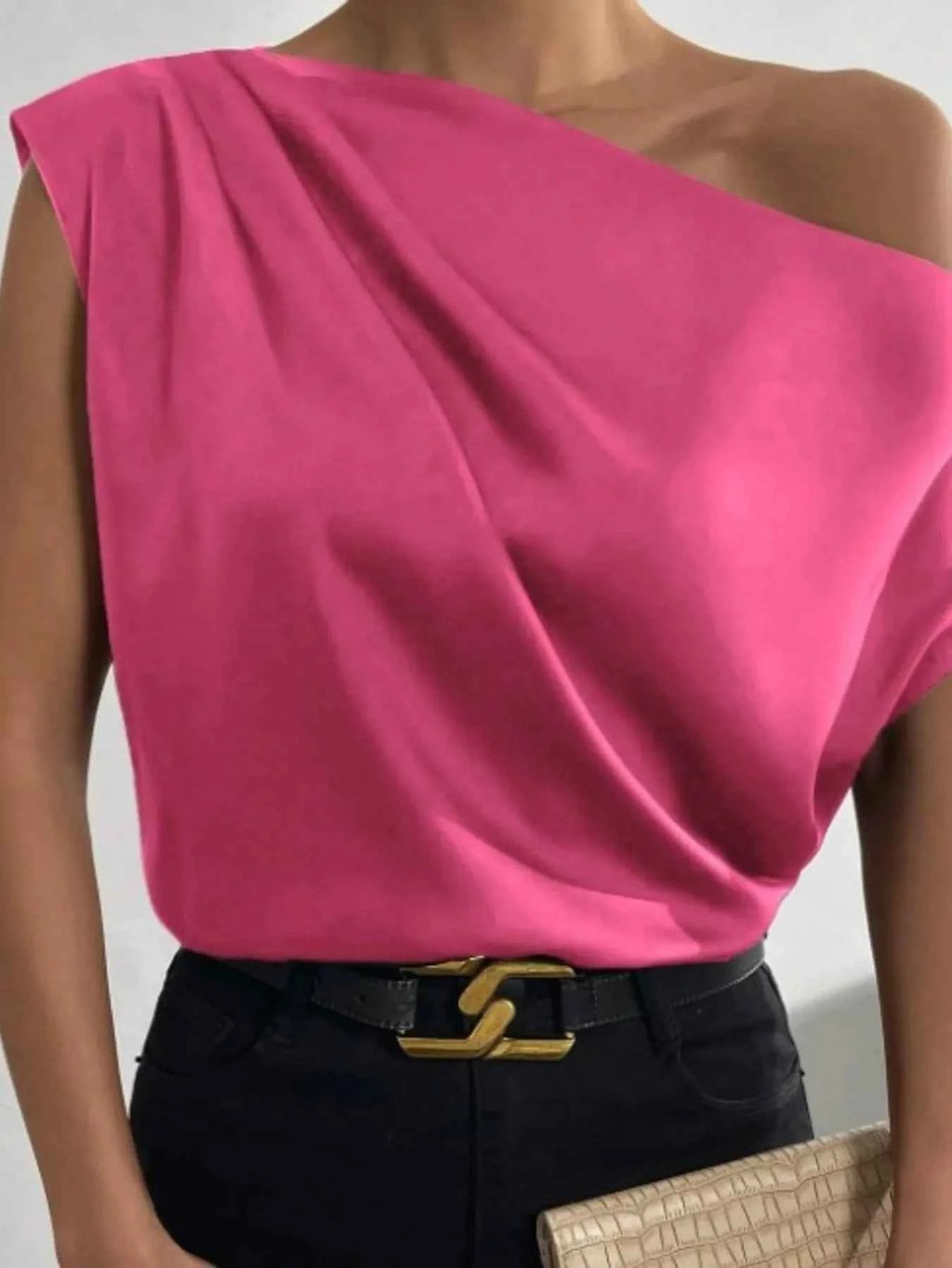 Asymmetrica One-Shoulder Draped Blouse.