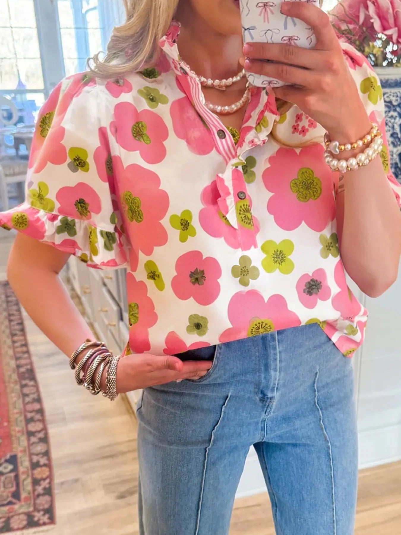 Floral Print Short Sleeve Blouse.