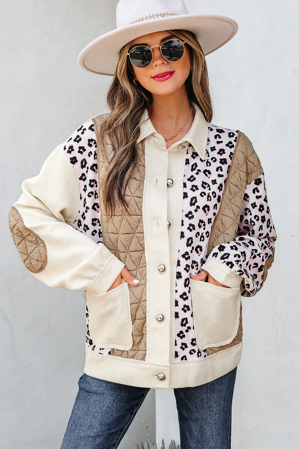 Khaki Leopard Waffle Quilted Patchwork Button Front Jacket Dear-Lover Dropshipping