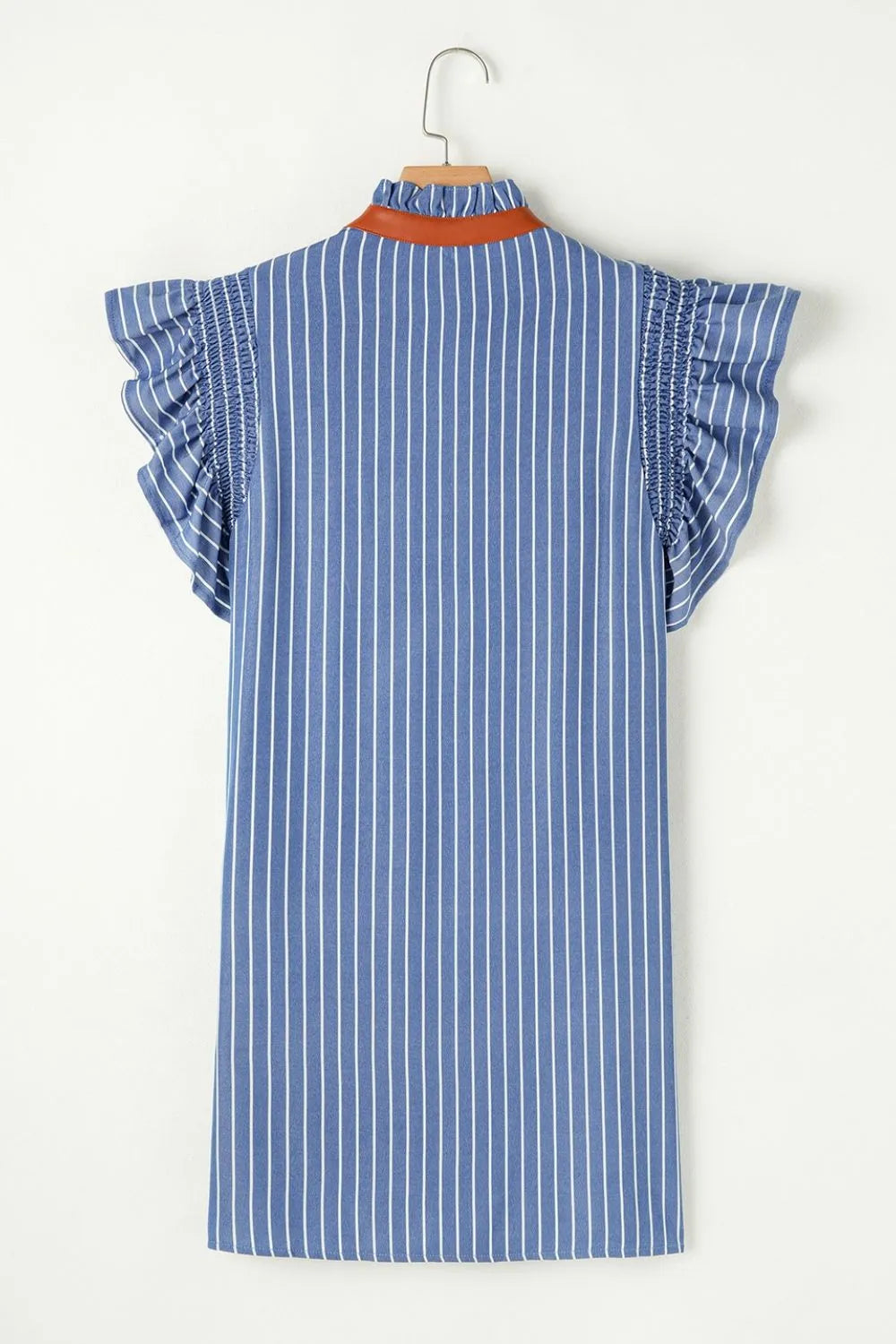 Stripe Frilly Split Neck Shirred Ruffle Sleeve Short Shift Dress.