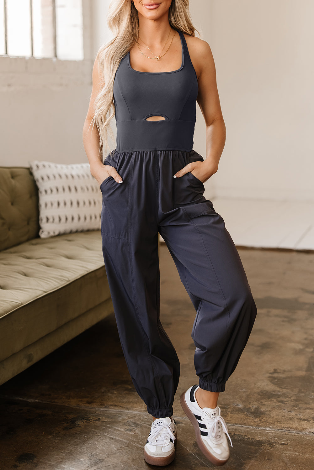 Carbon Grey Back Crossed Straps Hollow Out Jogger Jumpsuit Dear-Lover Dropshipping