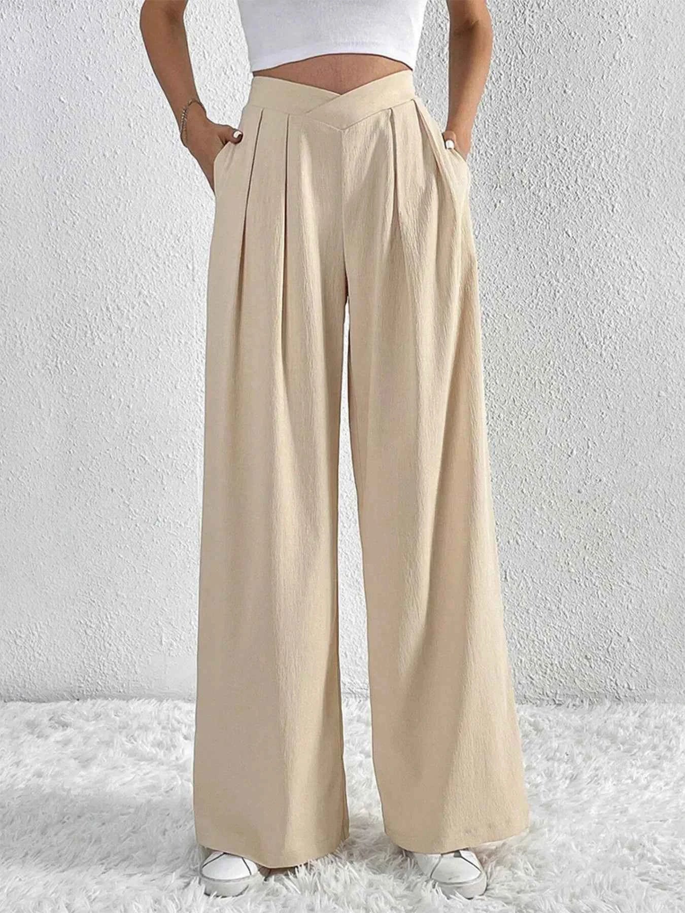 V-Waisted Ruched Front Wide Leg Pants.