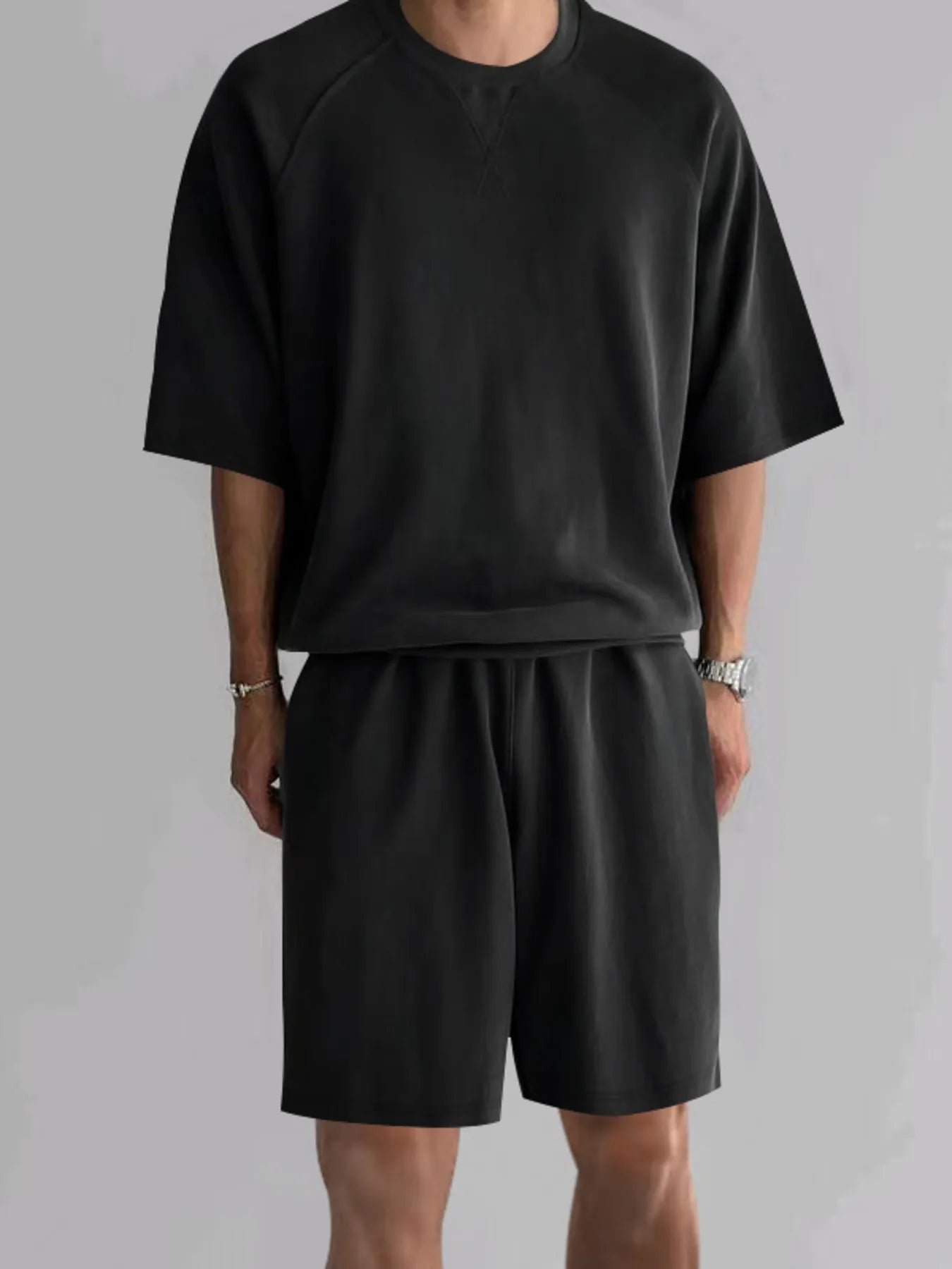 Men's Full Size Round Neck Top and Shorts Set Plus Size.