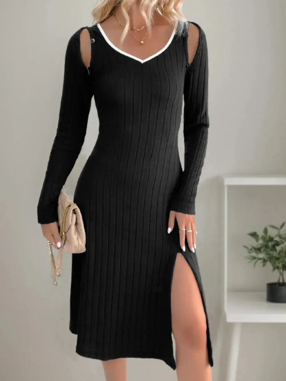 Perfee Slit Wide Strap Dress and Detachable Long Sleeves Set.