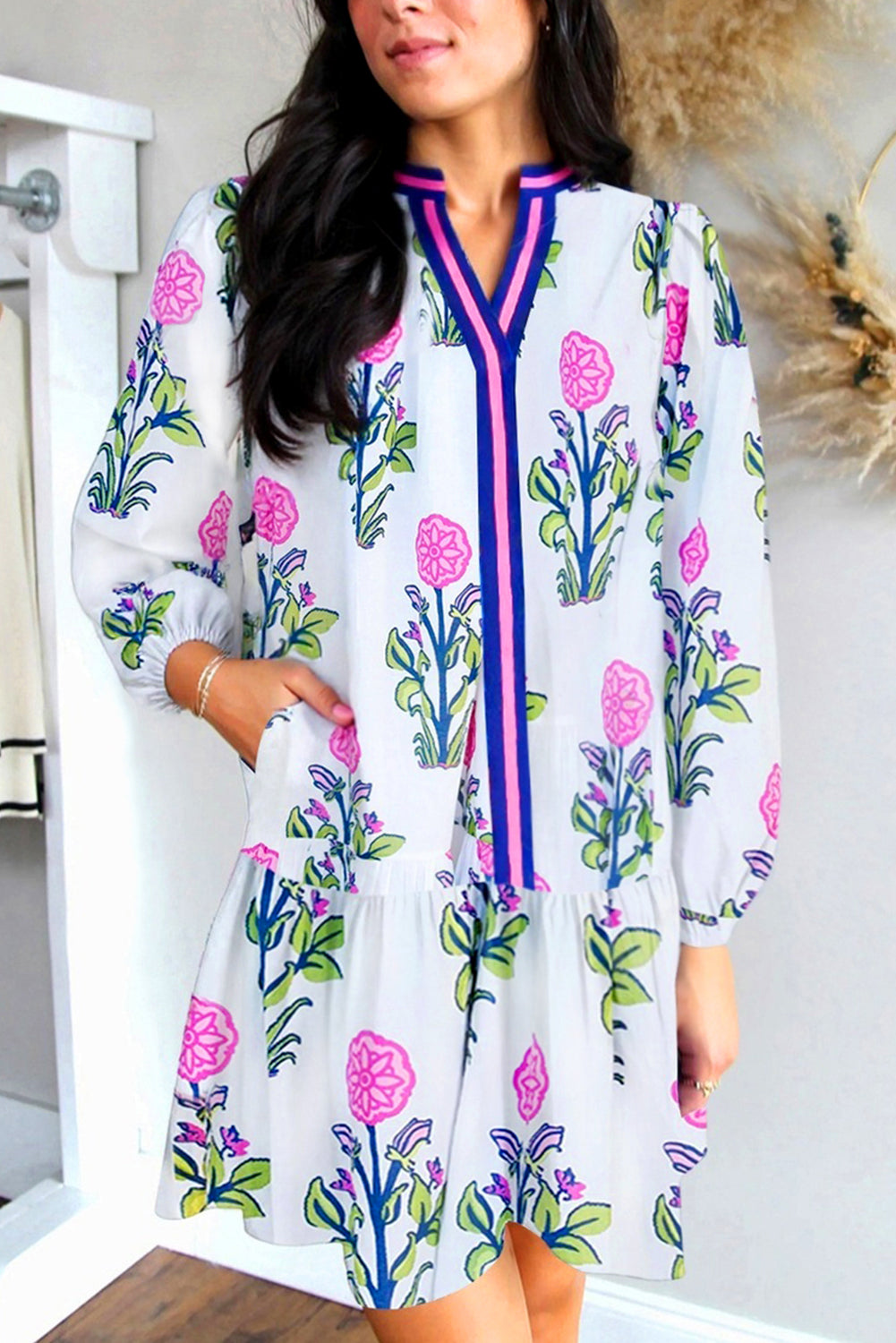 White Floral Print Contrast Striped Trim Notched Neck Long Sleeve Dress Dear-Lover Dropshipping