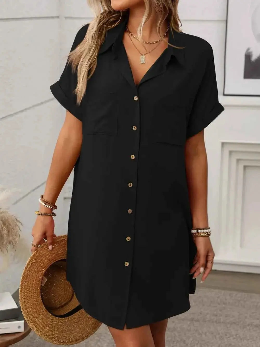 Button Down Short Sleeve Mini Dress.