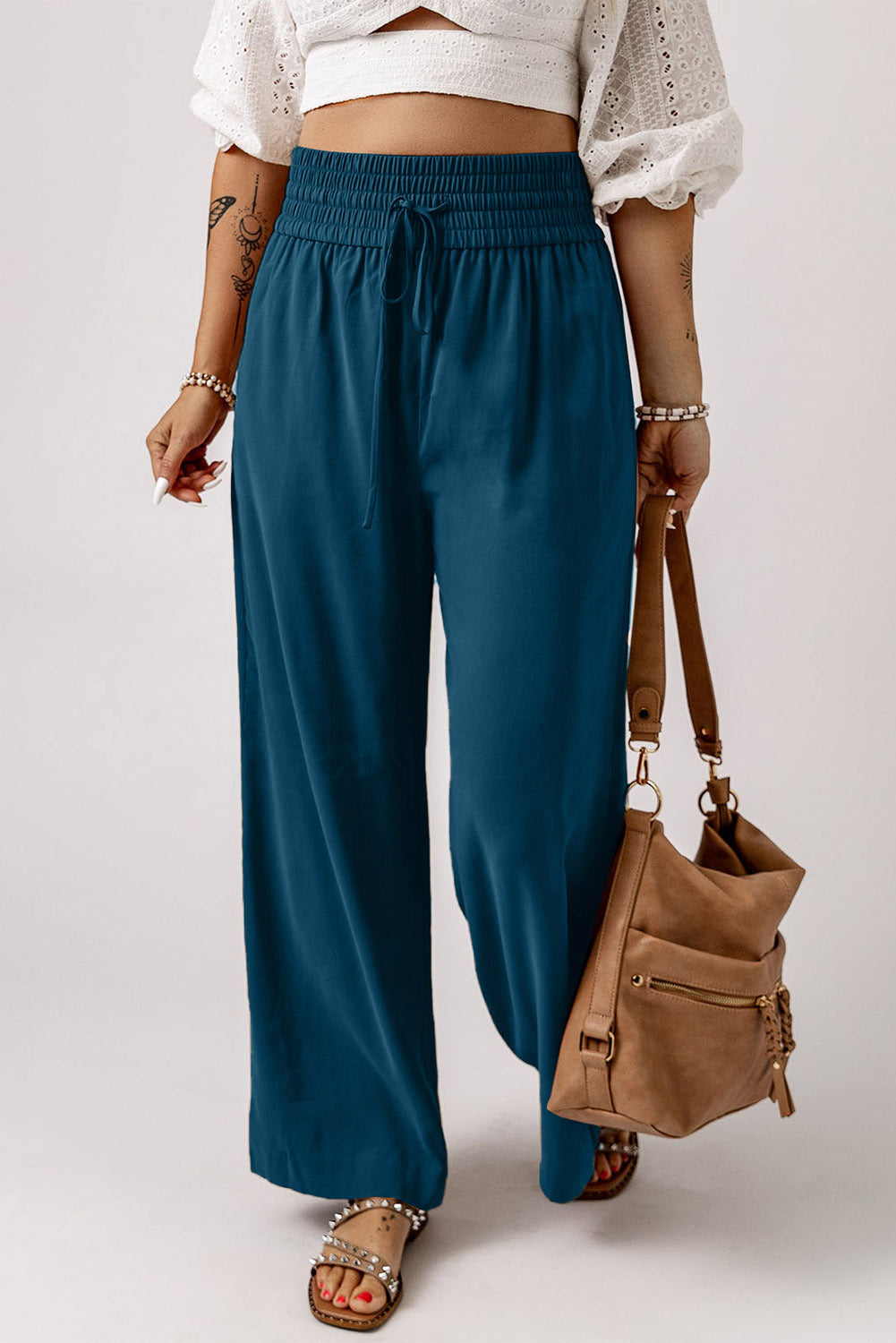 Blue Drawstring Elastic Waist Casual Wide Leg Pants Dear-Lover Dropshipping