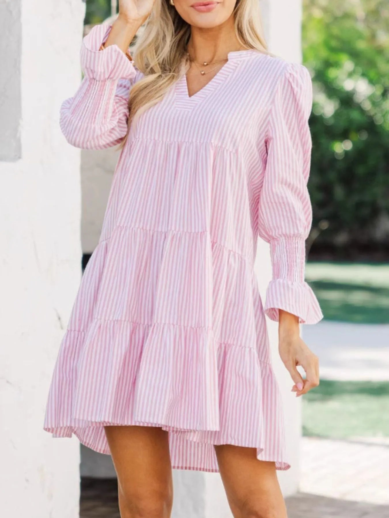 Striped Tiered Flounce Sleeve Shirt Dress.