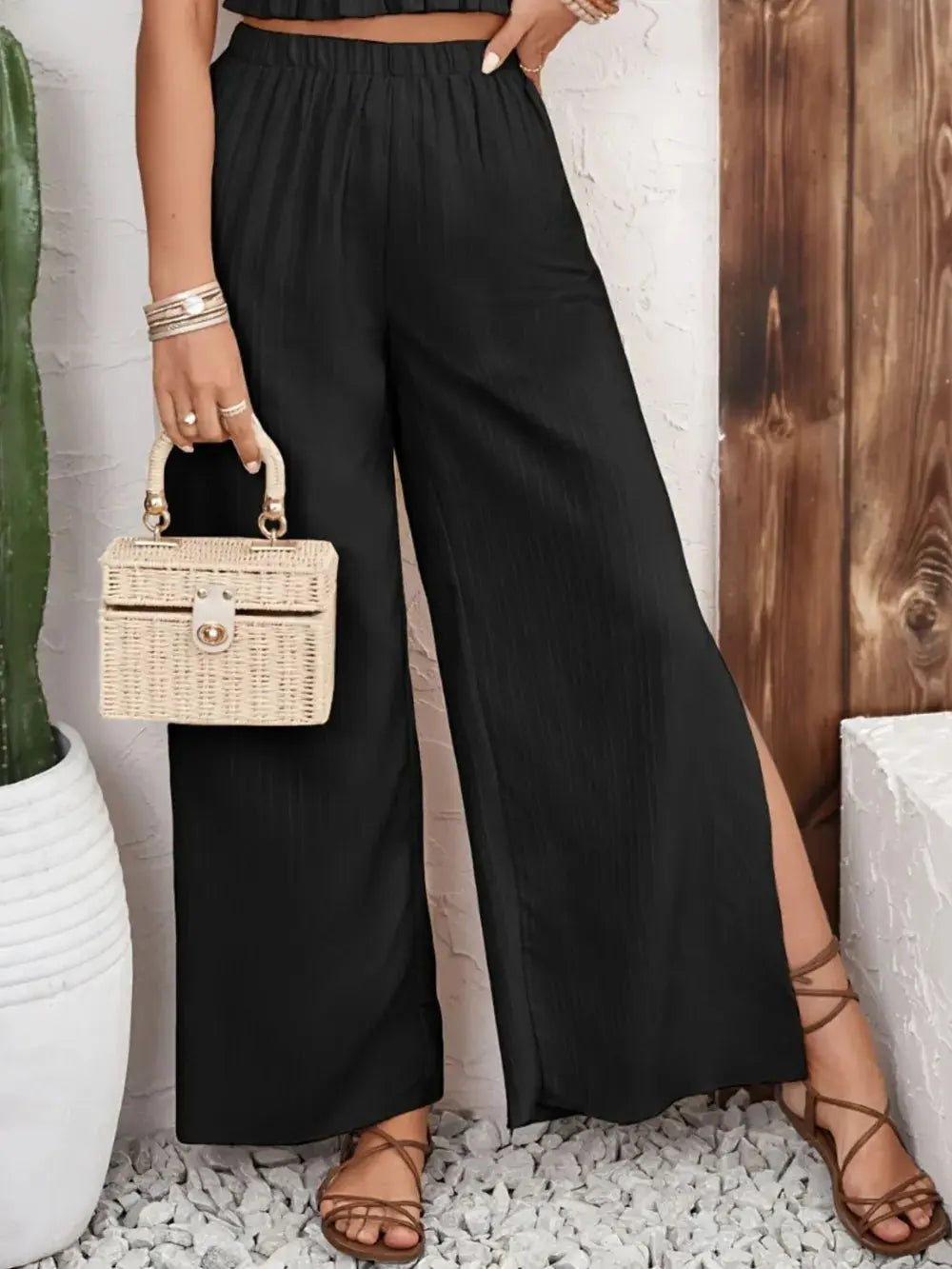 Smocked Surplice Cami and Wide Leg Pants Set.