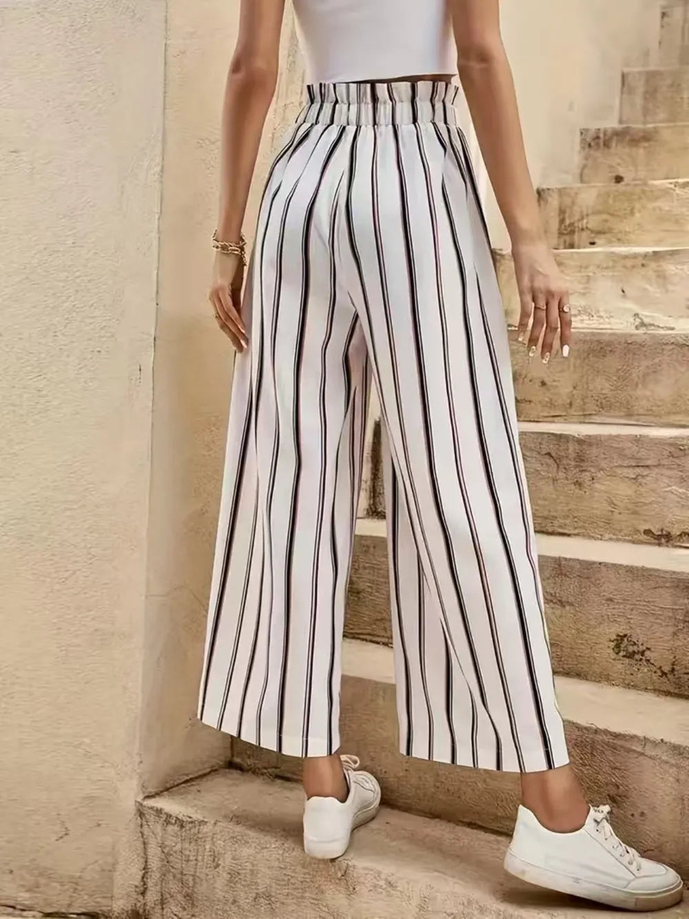 Tied waist Striped Wide Leg Pants for women.
