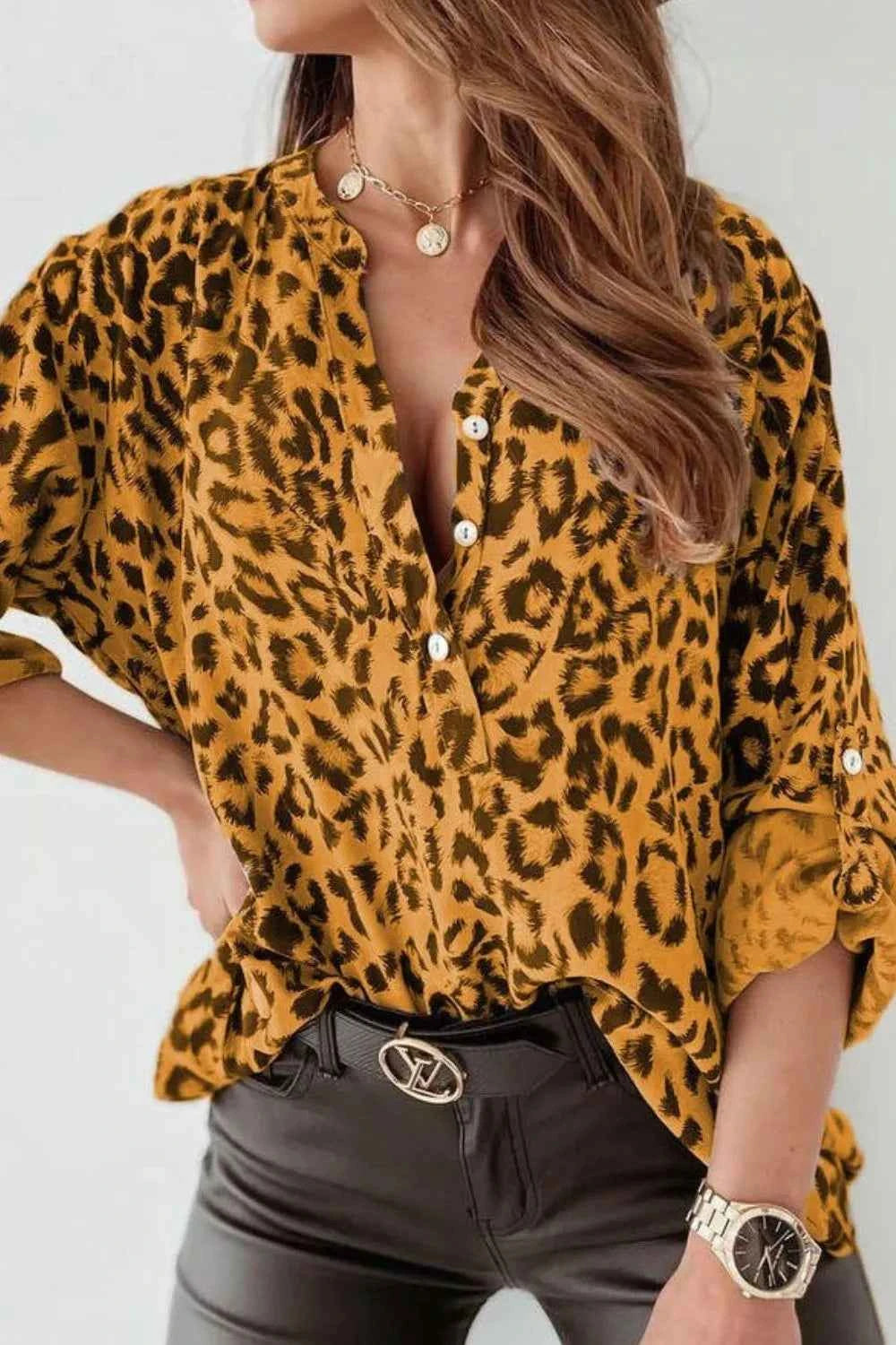 Leopard Button Detail Notched Long Sleeve Blouse