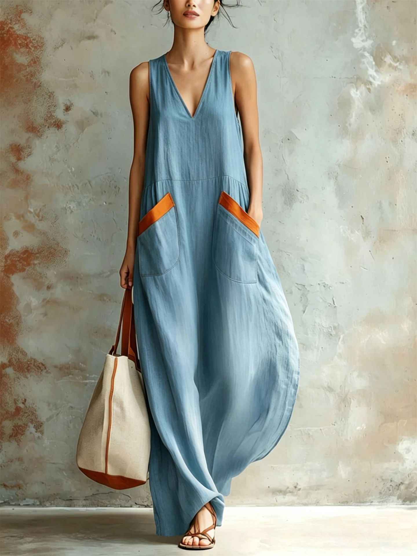 Womens V-neck Loose And Comfortable Dress