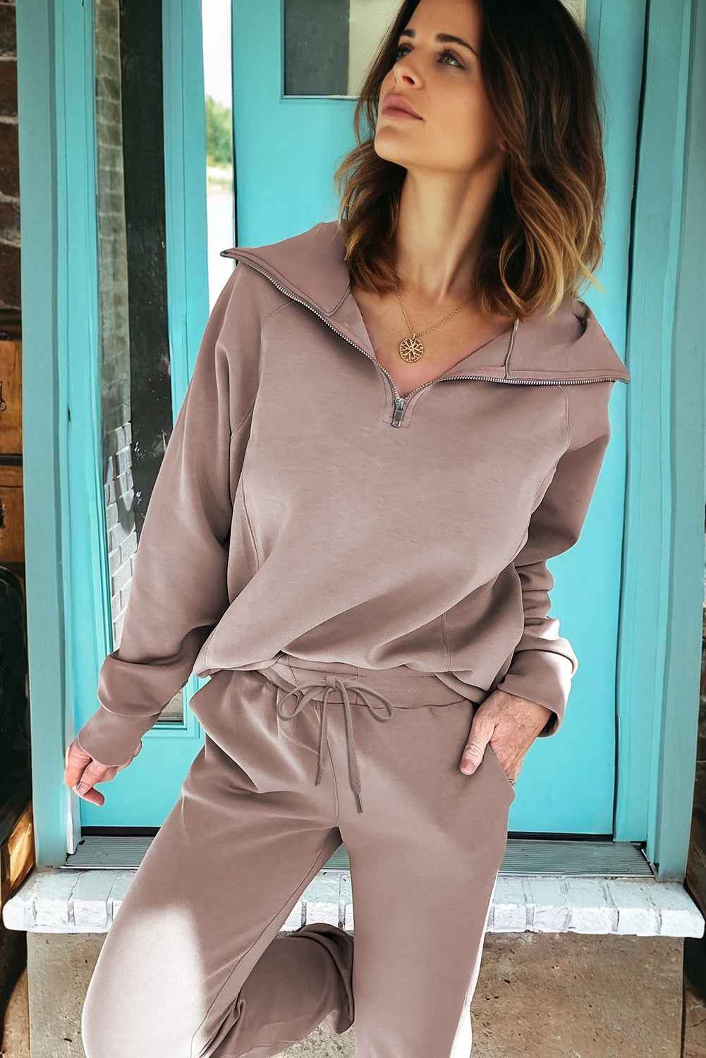 Goat Zip Collar Long Sleeve Top Drawstring Pants Set