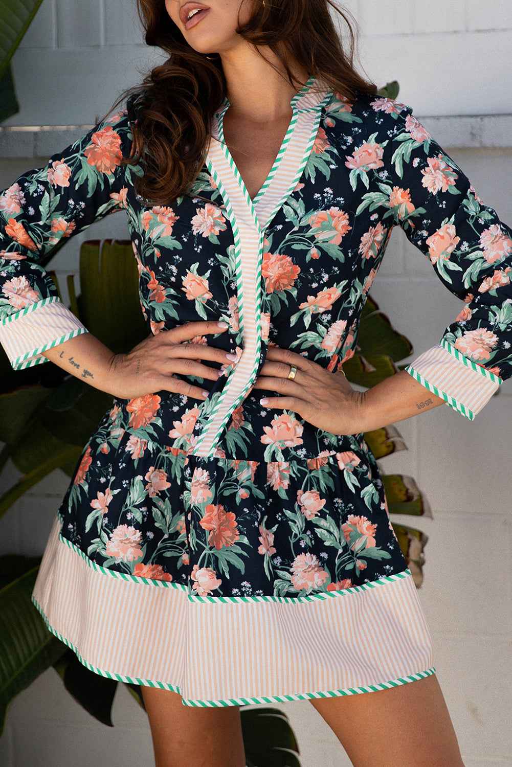 Blue Floral Print Striped Trim V Neck Long Sleeve Ruffle Hem Shift Mini Dress