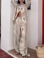 Printed Button Up Shirt And Pants Set With Front Pockets