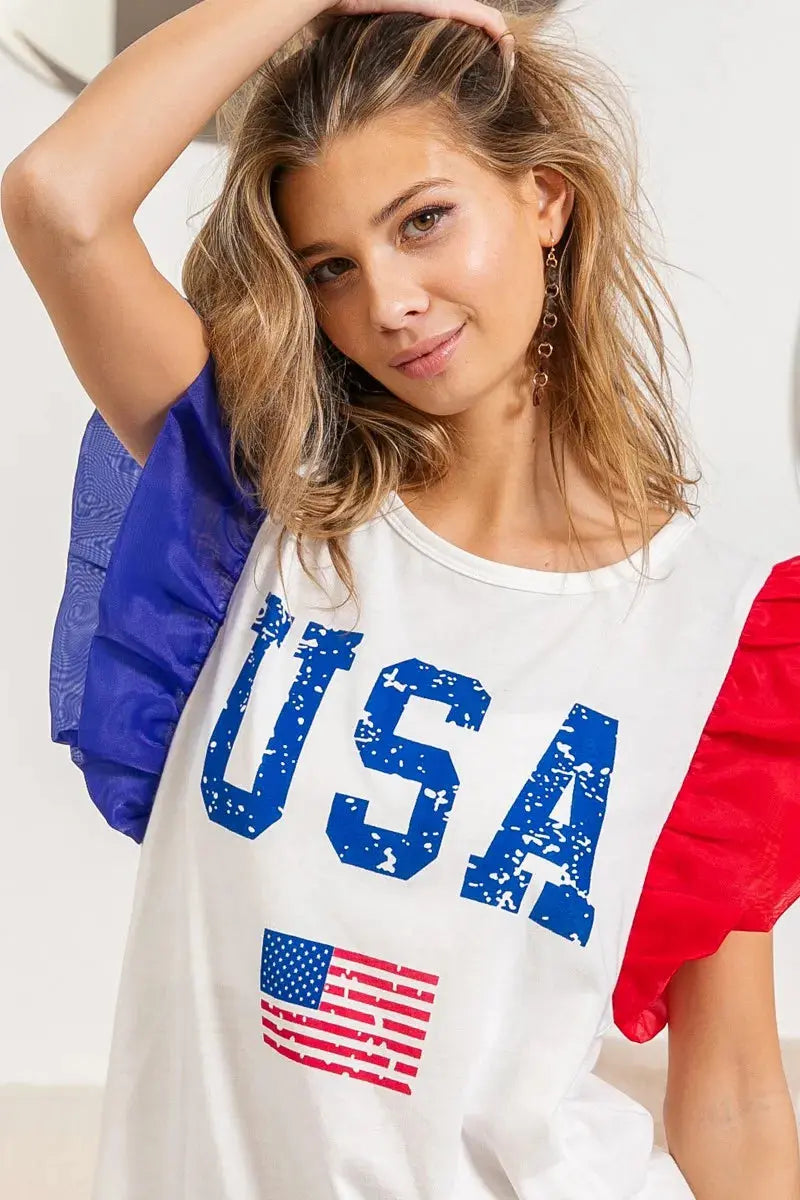 USA Theme Color Block Organza Ruffle Sleeve Top.