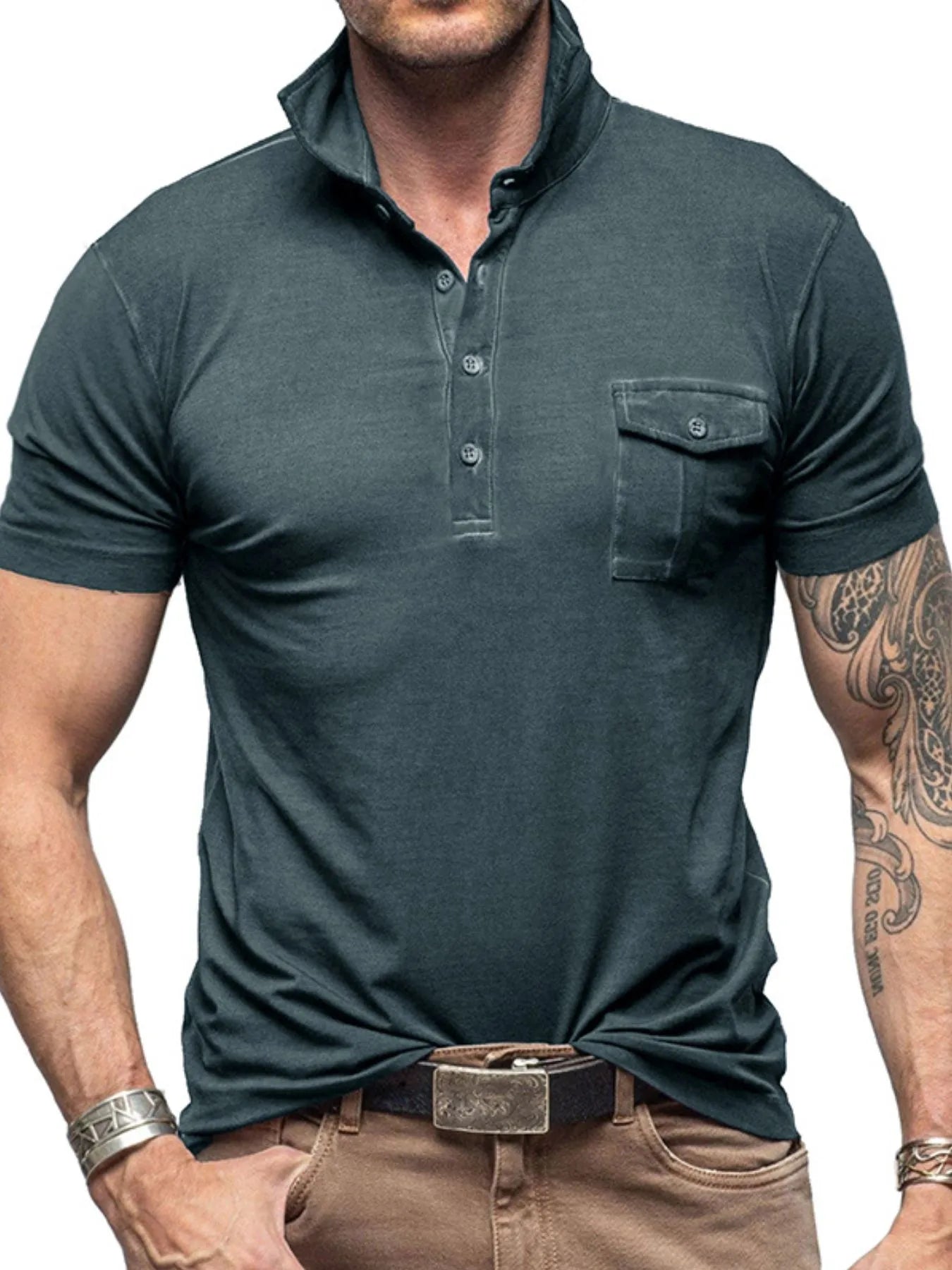 Men's Classic Pocket Polo Shirt with Stand Collar.