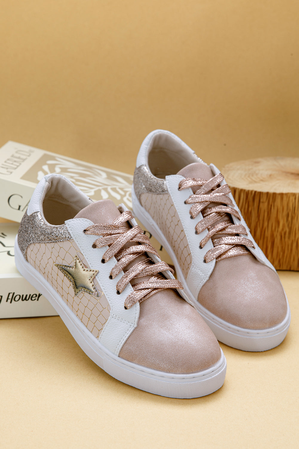 Gold Glitter Star Patchwork PU Leather Lace-up Sneakers Dear-Lover Dropshipping