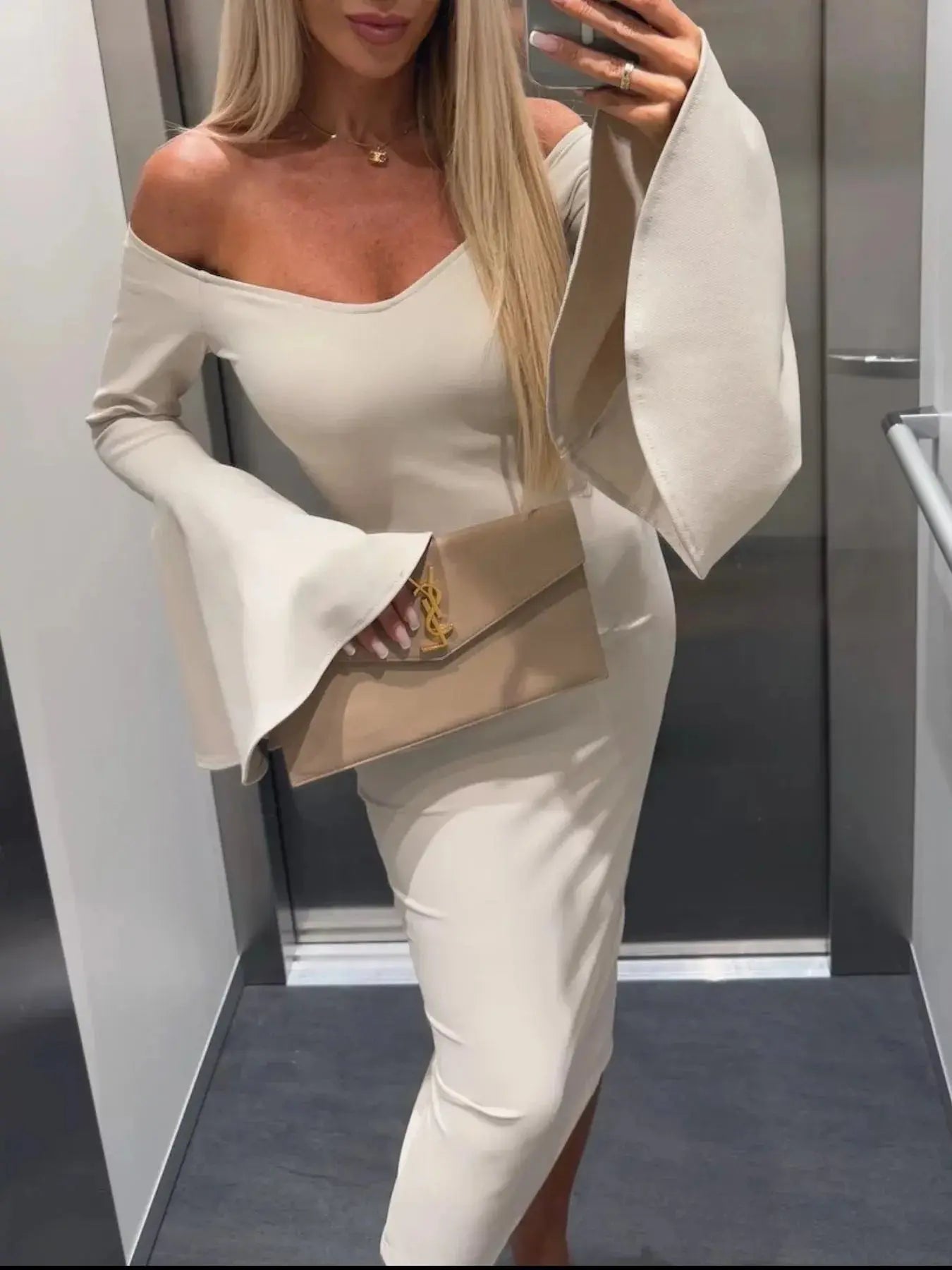 PINK Bell Sleeve Bodycon Midi Dress.