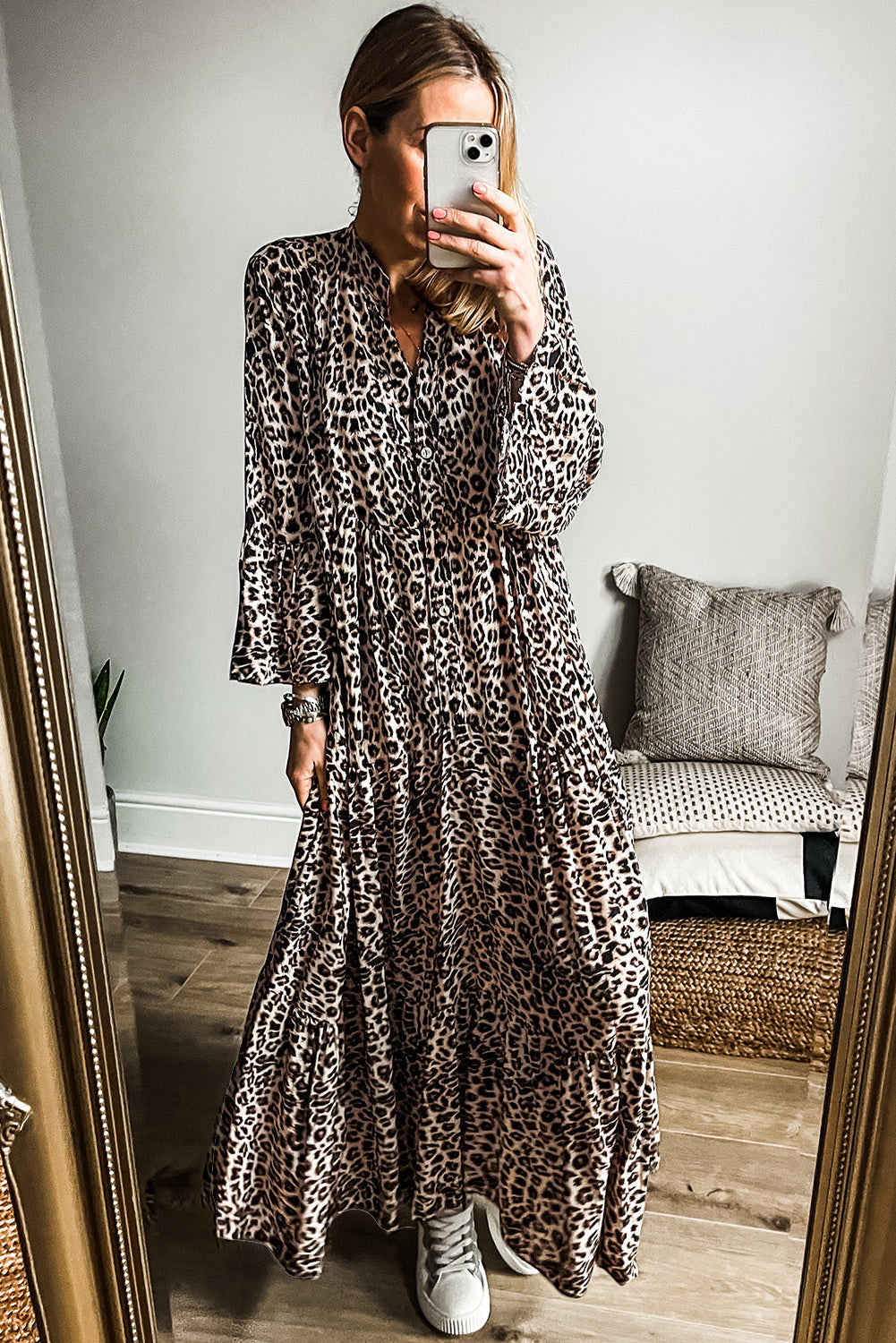 Apricot Leopard Print Tiered Wide Sleeve Maxi Dress Dear-Lover Dropshipping