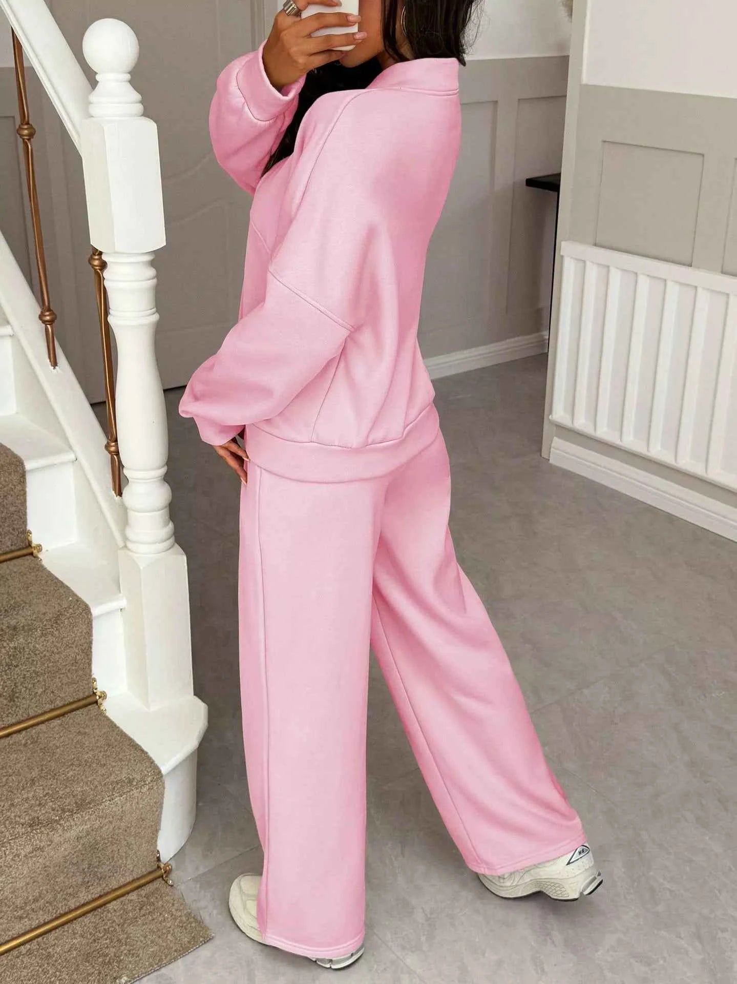 Casual Zipper Front Top and Wide Leg Pants Set