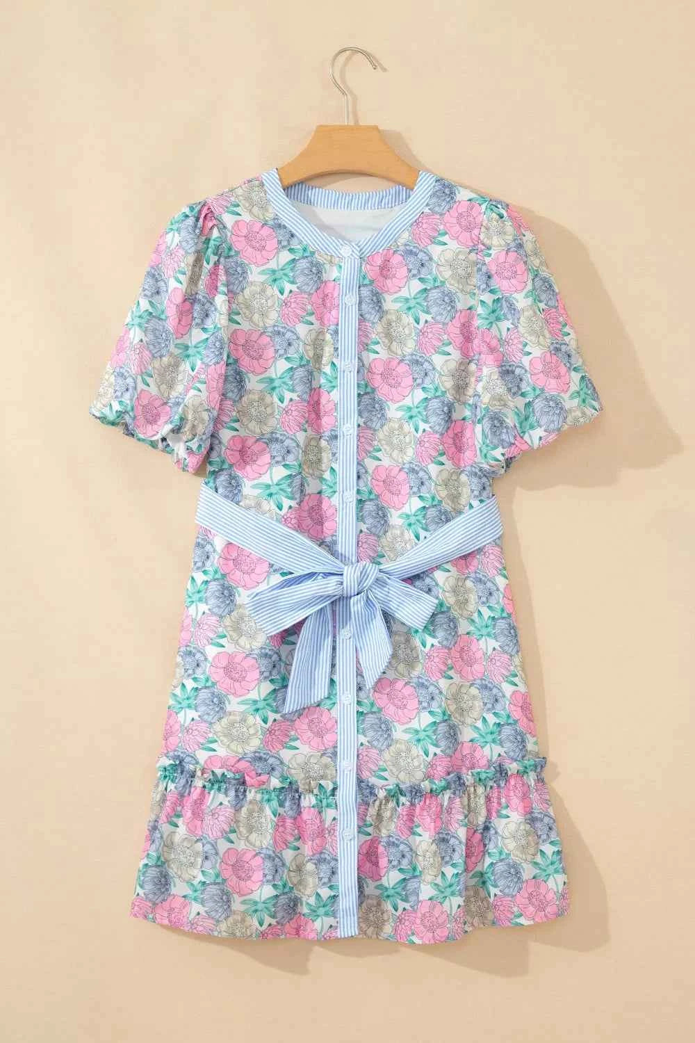 Floral Print Striped Contrast Trim Belted Short Dress