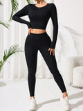 Lace-Up Back Round Neck Top and Leggings Active Set.