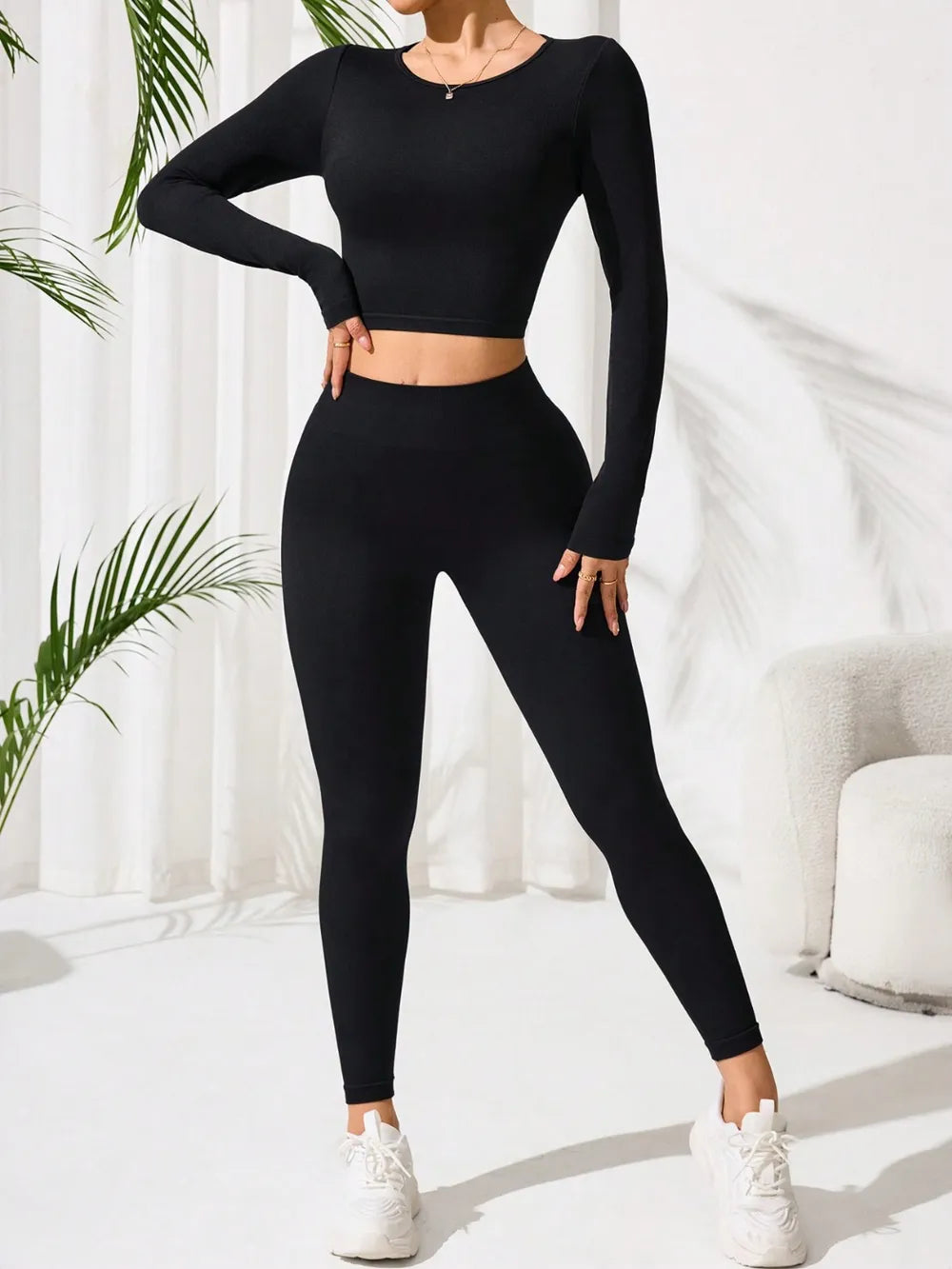 Lace-Up Back Round Neck Top and Leggings Active Set.