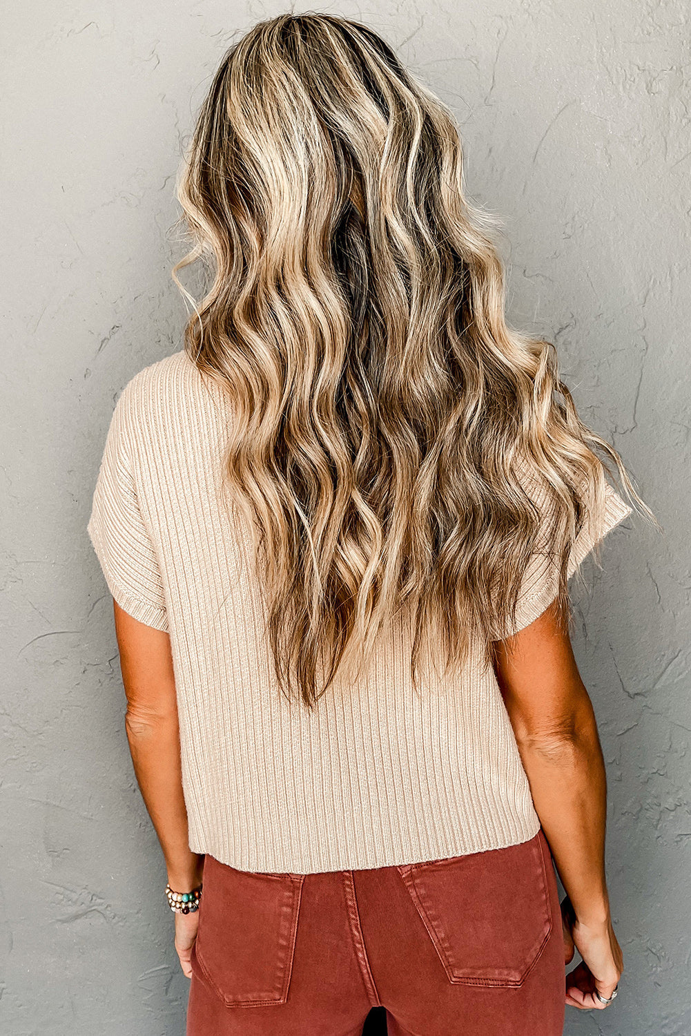 Oatmeal Patch Pocket Ribbed Knit Short Sleeve Sweater Dear-Lover Dropshipping