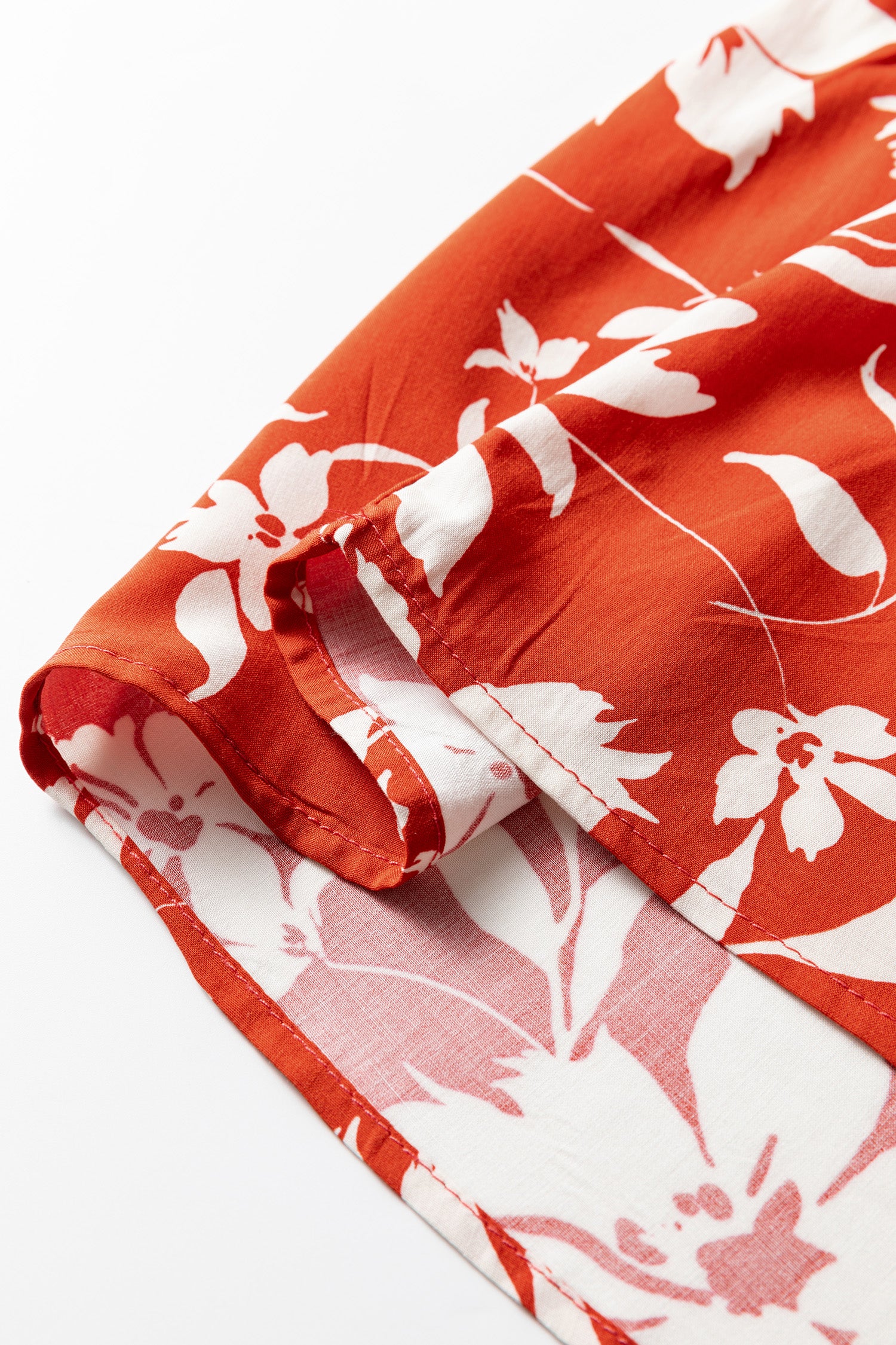 Red Boho Floral Print Lettuce Trim 3/4 Sleeve Mini Dress