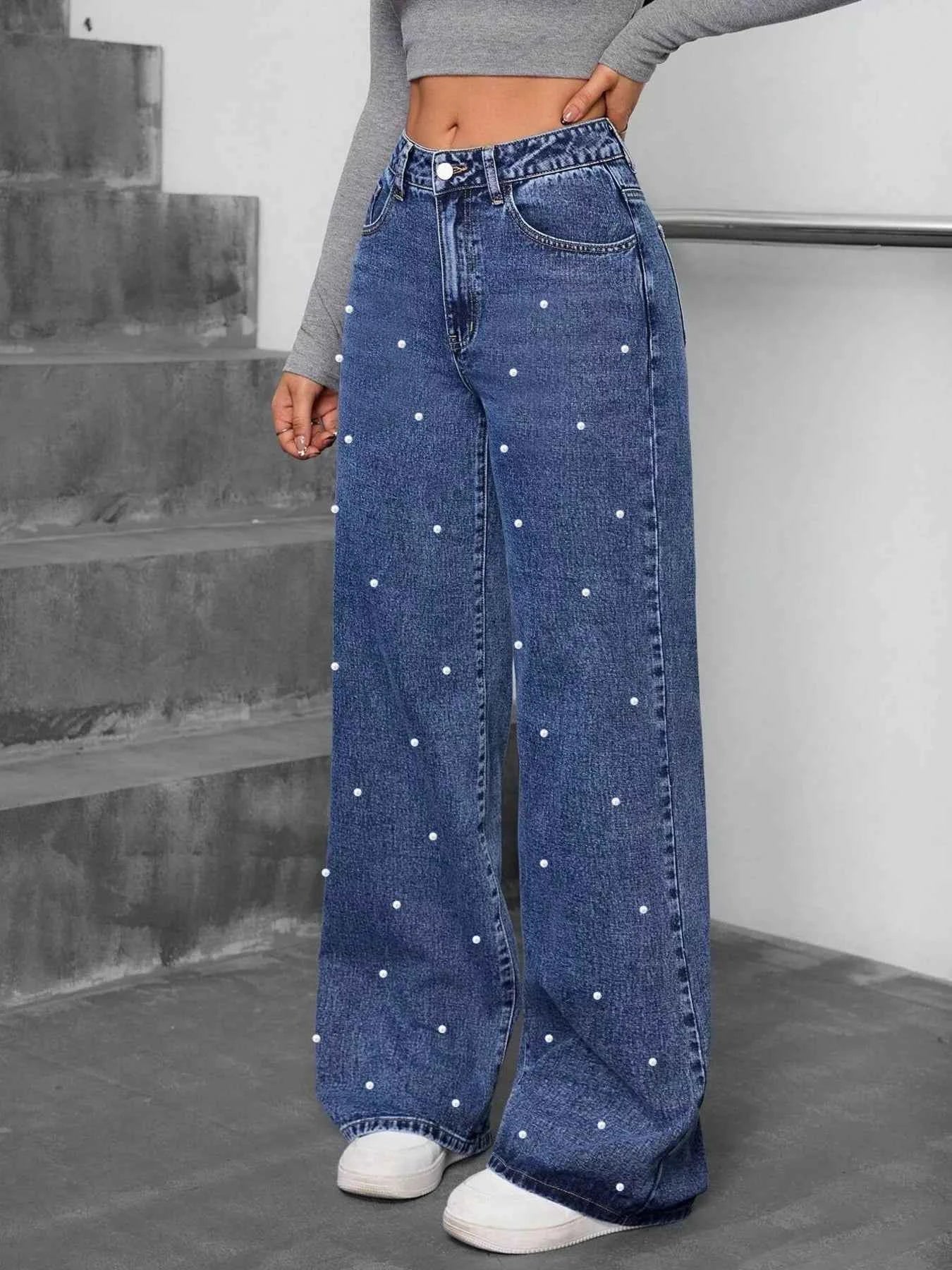 Pearl Embellished Wide Leg Jeans