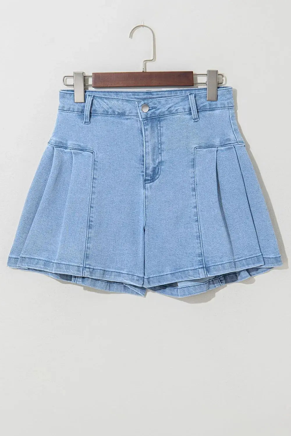 Pleated Patchwork Panel Lightweight Denim Shorts.