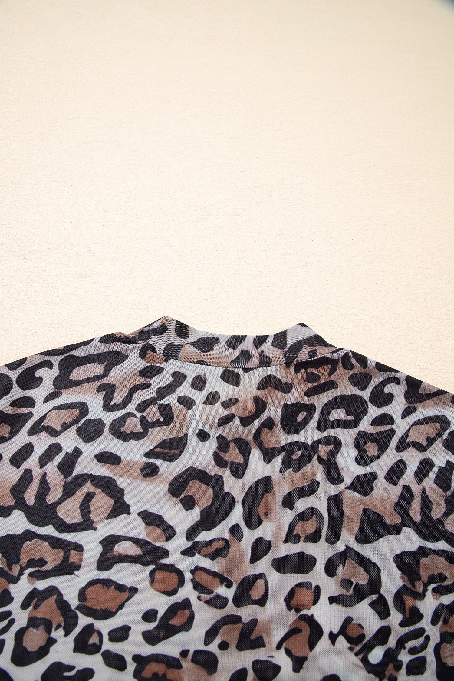 Brown Leopard Mock Neck Mesh Long Sleeve Top