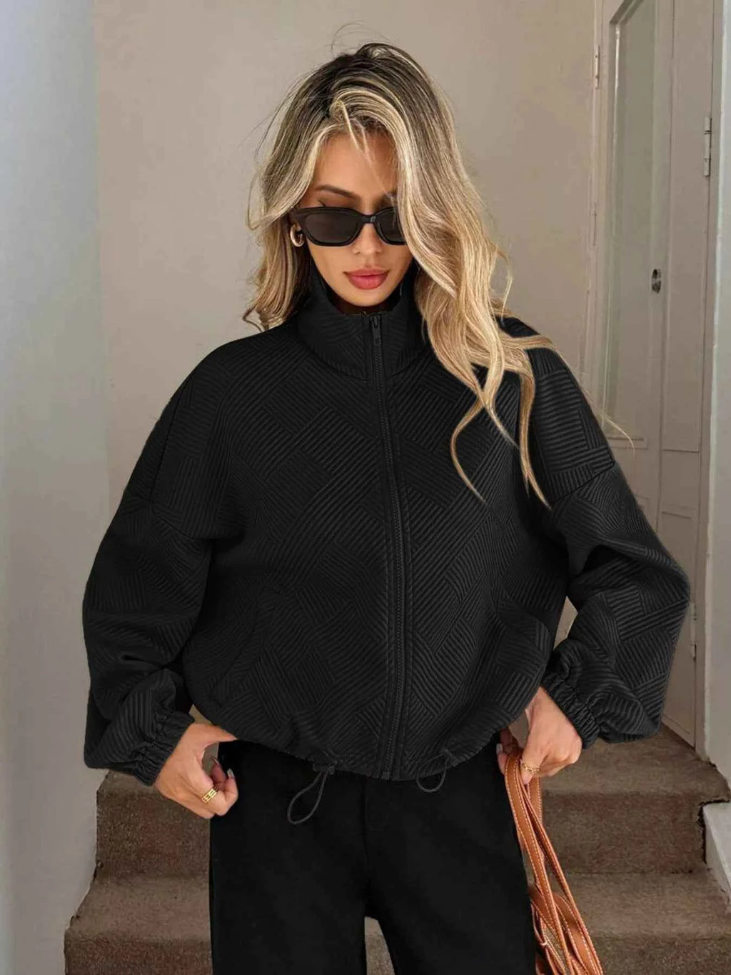 Drawstring Hem Textured Long Sleeve Jacket