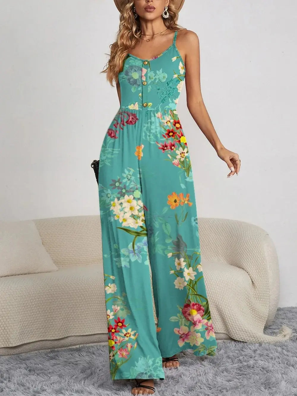 FAM-FAM Decorative Button Spaghetti Strap Wide Leg Jumpsuit.