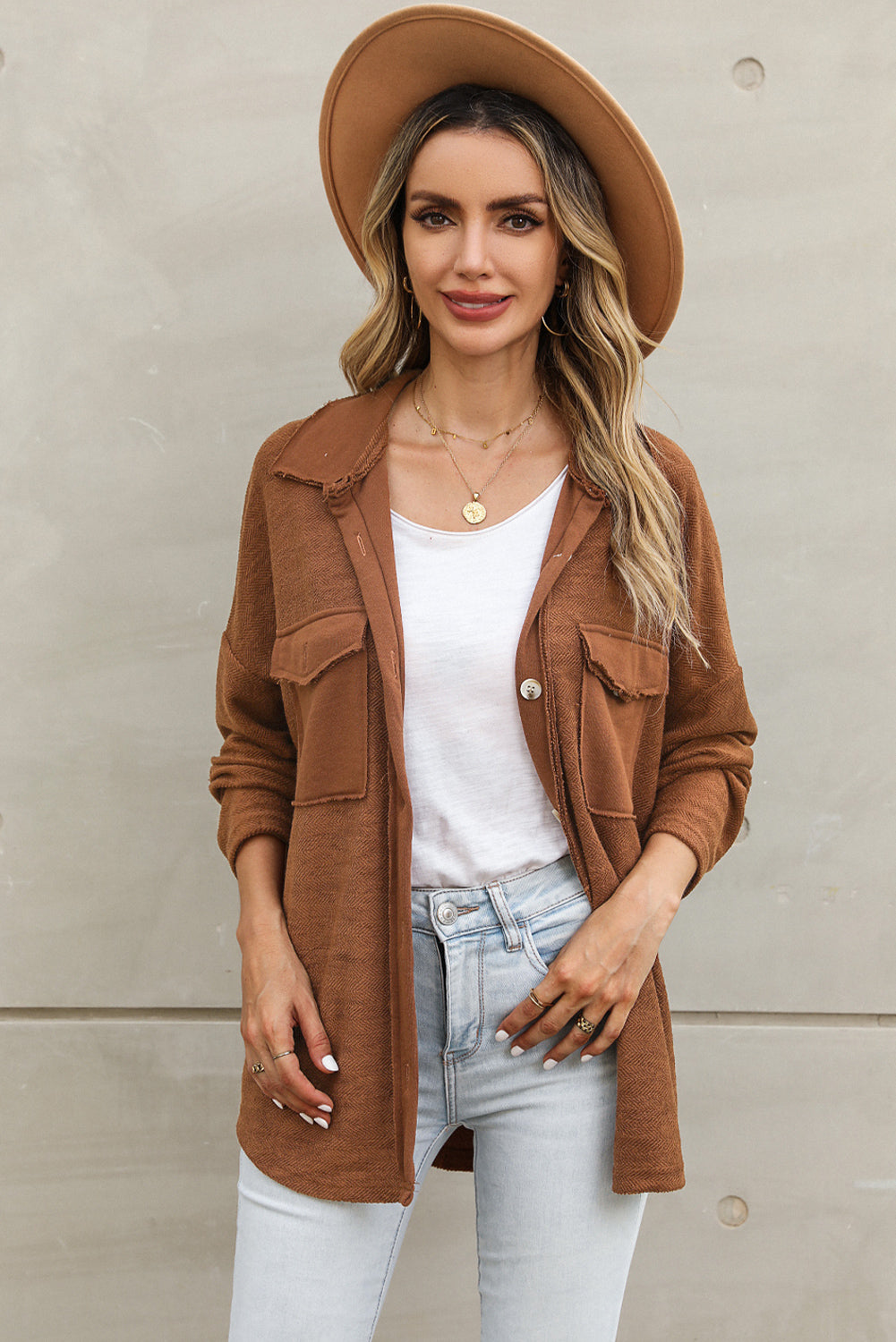 Brown Contrast Flap Pockets Relaxed Shacket Dear-Lover Dropshipping