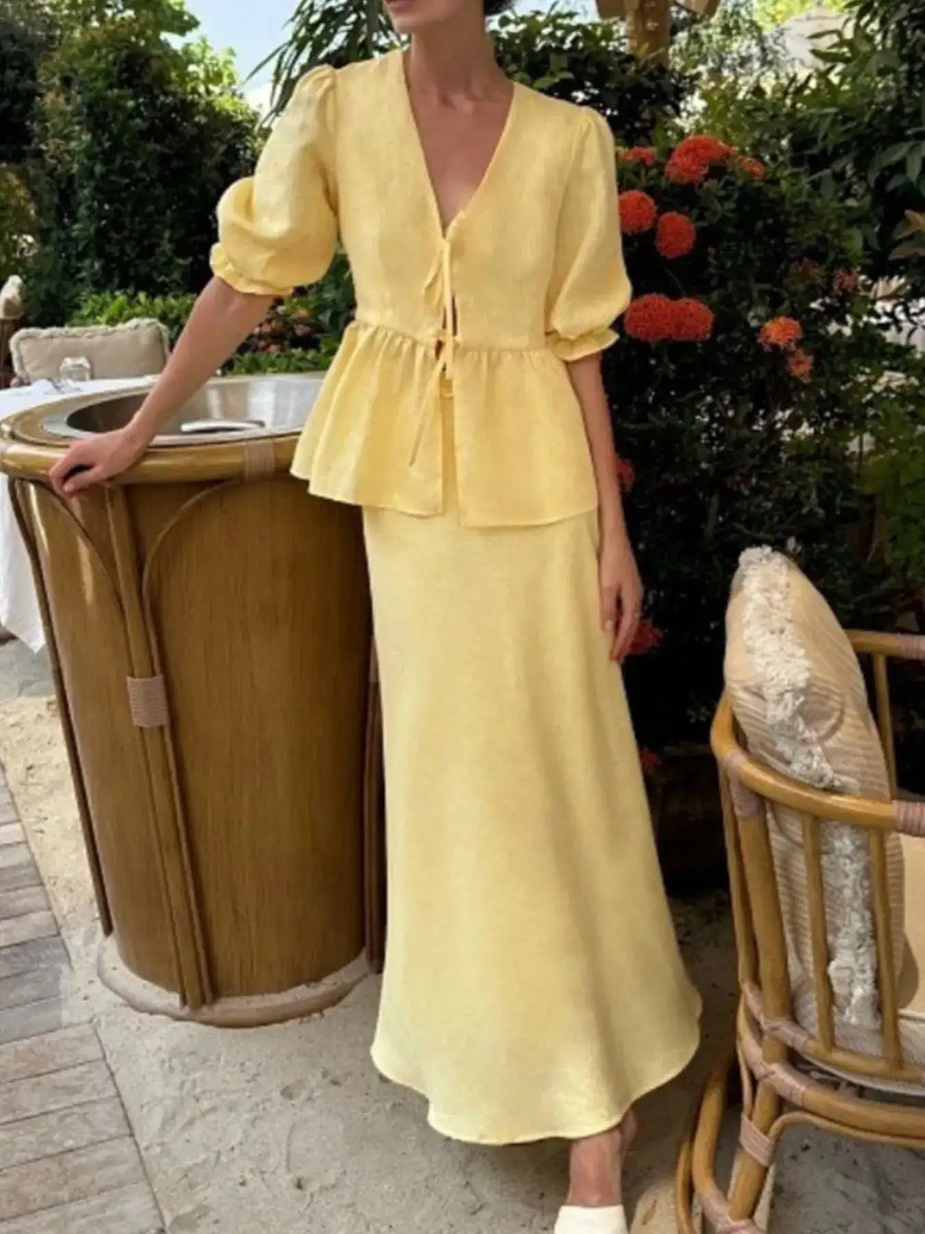 Tie Front Peplum Top and Skirt Set.