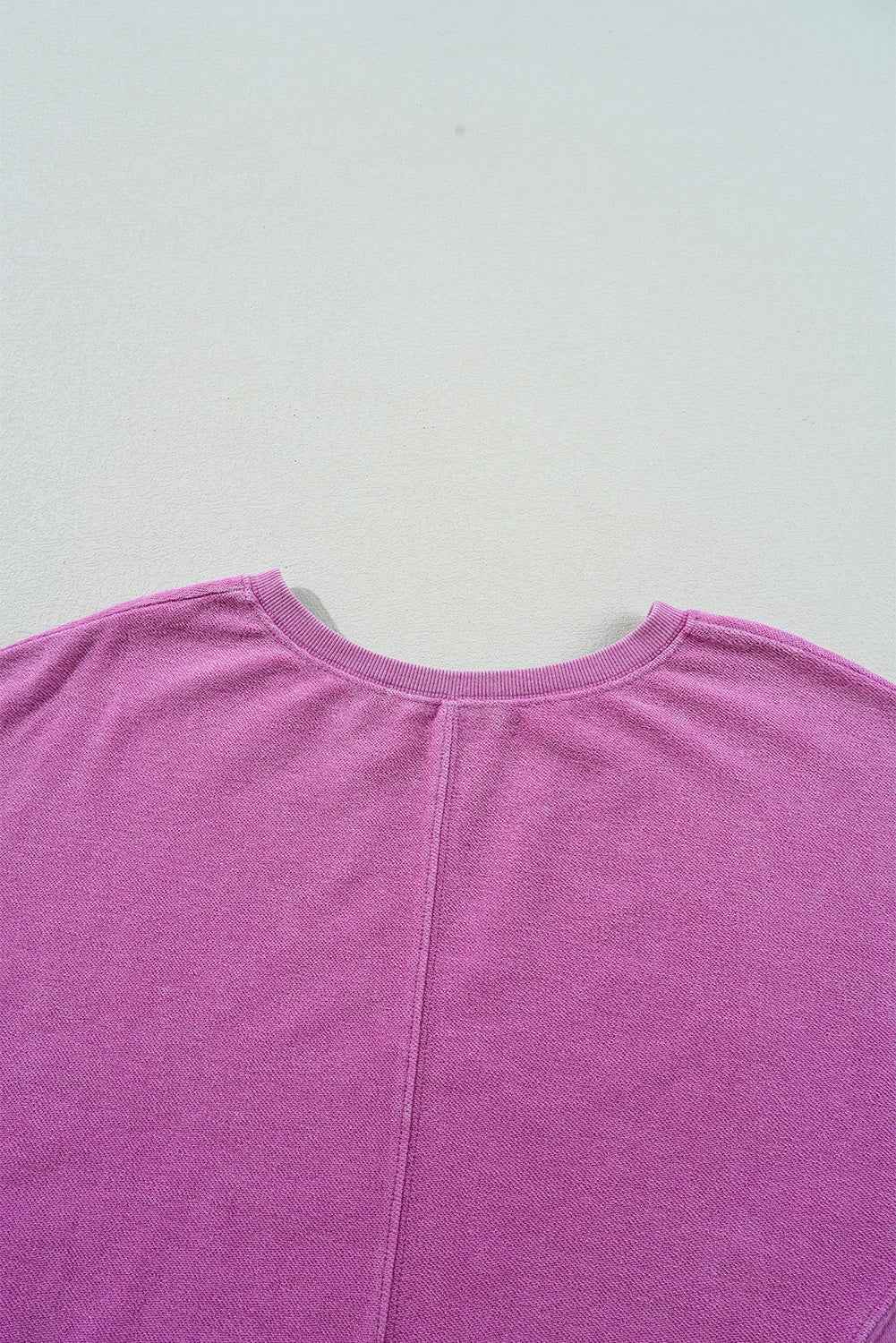 Bright Pink Solid Color Notched Neck Drop Shoulder Sweatshirt